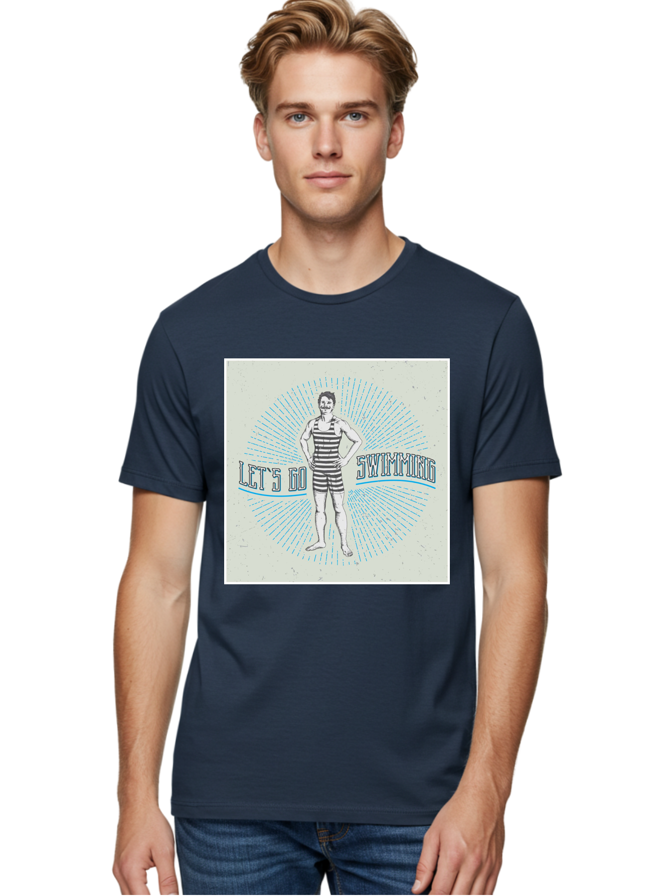 Let-S-Go-Swimming Men'S Graphic Tee, 100% Cotton, Comfortable Casual Summer Wear, Machine Washable, Vintage Swimmer, Retro Style, Black And White Stripes, Swimming Costume, Aquatic Activities, Water Sports, Nostalgic Design, Classic Swimwear, Aab973