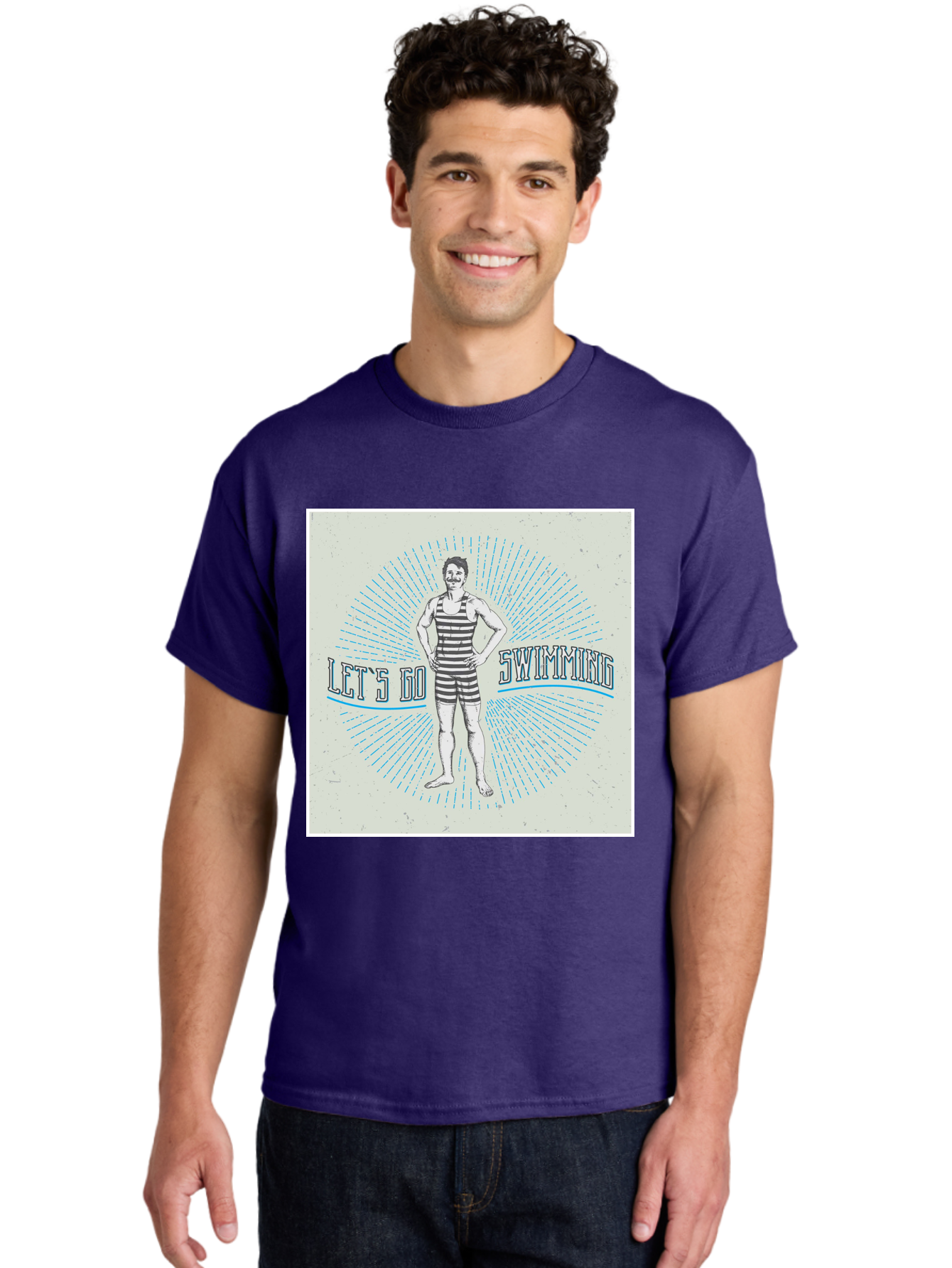 Let-S-Go-Swimming Men'S Graphic Tee, 100% Cotton, Comfortable Casual Summer Wear, Machine Washable, Vintage Swimmer, Retro Style, Black And White Stripes, Swimming Costume, Aquatic Activities, Water Sports, Nostalgic Design, Classic Swimwear, Aab973