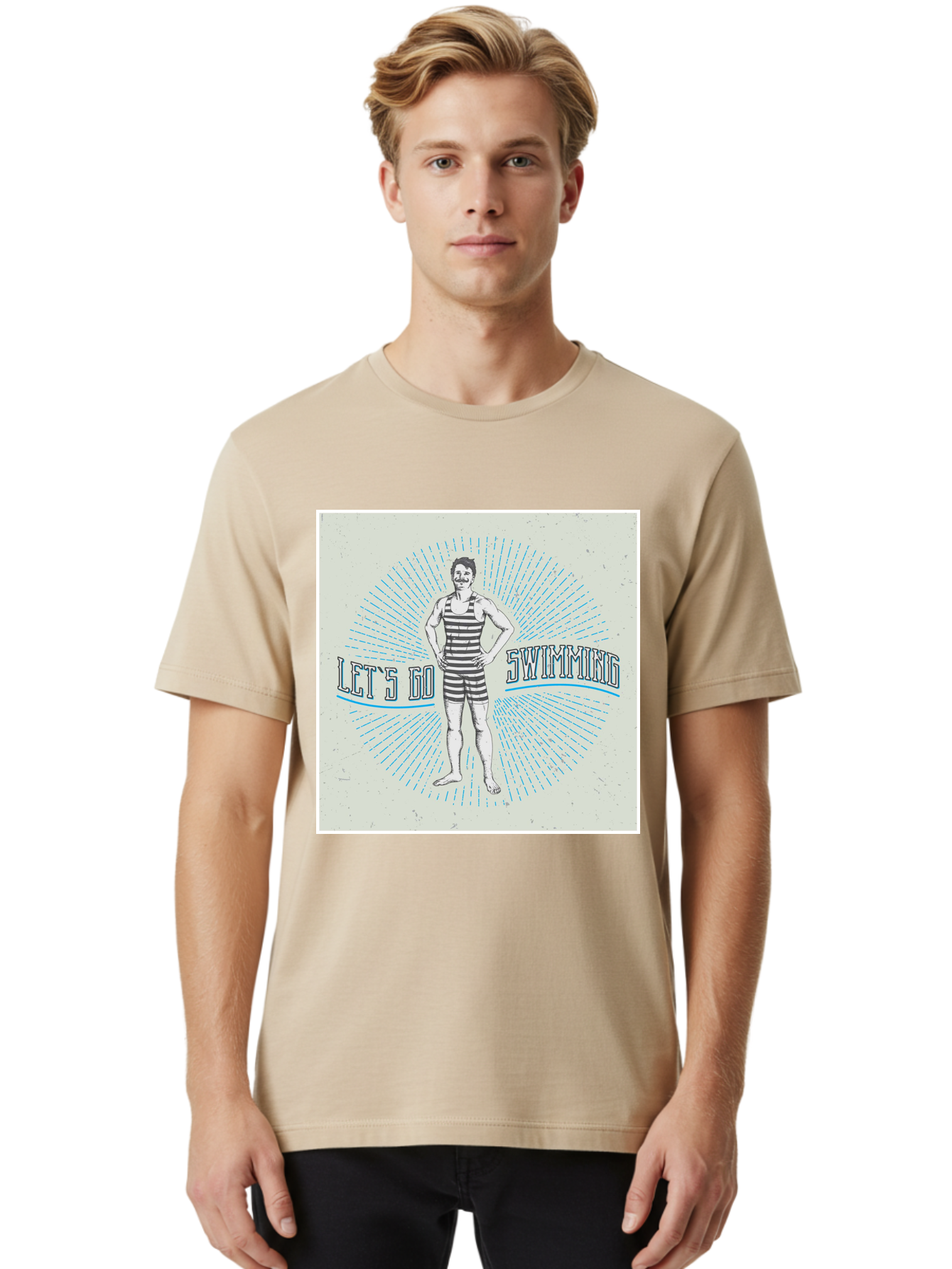 Let-S-Go-Swimming Men'S Graphic Tee, 100% Cotton, Comfortable Casual Summer Wear, Machine Washable, Vintage Swimmer, Retro Style, Black And White Stripes, Swimming Costume, Aquatic Activities, Water Sports, Nostalgic Design, Classic Swimwear, Aab973
