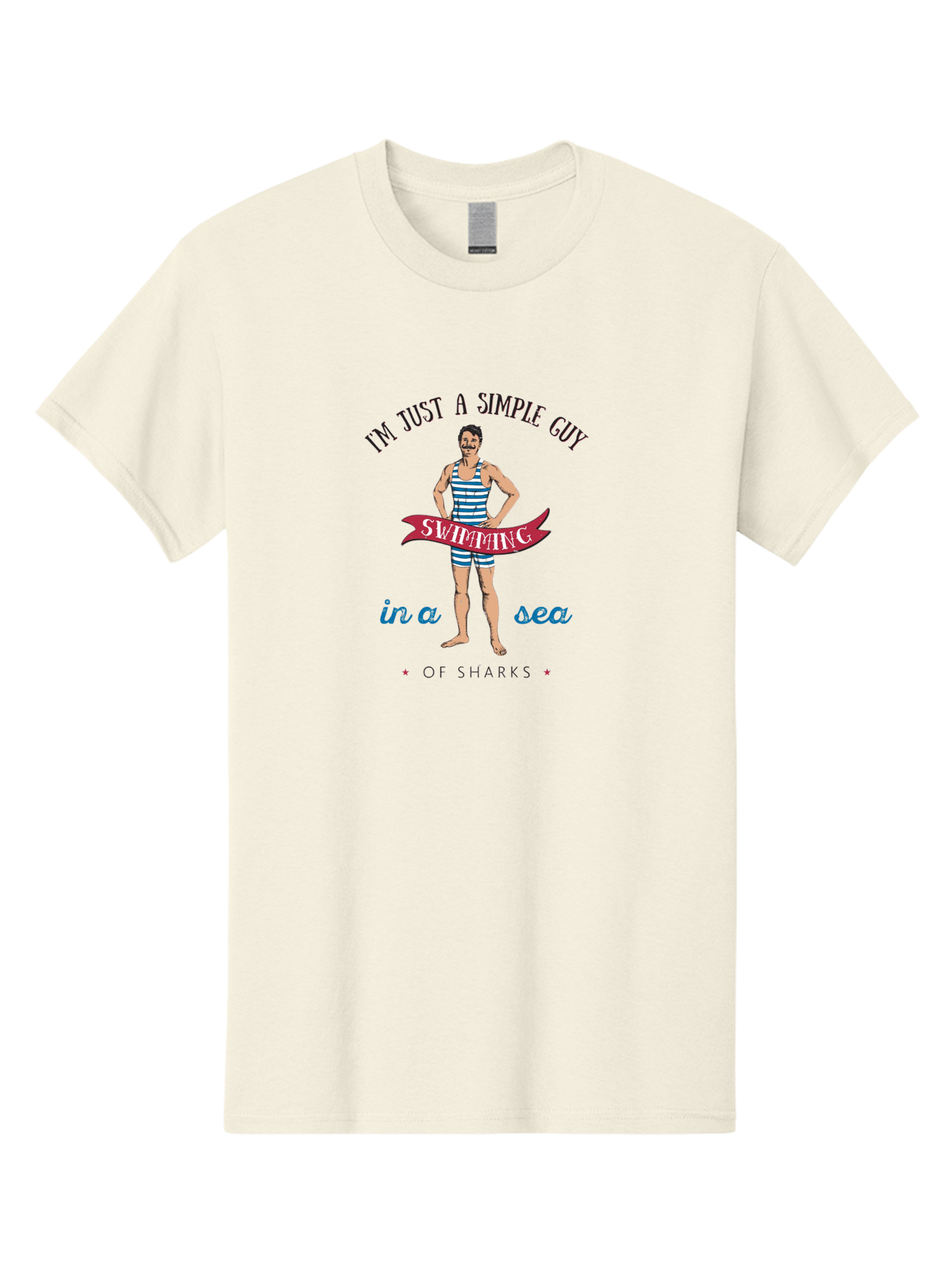 Simple-Guy-Swimming-1 Men'S Graphic Tee, 100% Cotton, Comfortable Casual Summer Wear, Machine Washable, Funny Cartoon, Vintage Swimmer, Blue Striped Swimsuit, Humorous Quote, Shark Humor, Retro Style, Ocean Joke, Witty Phrase, Swimmers, Aab974