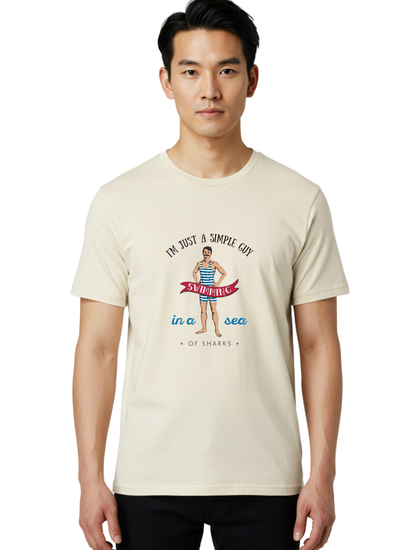 Simple-Guy-Swimming-1 Men'S Graphic Tee, 100% Cotton, Comfortable Casual Summer Wear, Machine Washable, Funny Cartoon, Vintage Swimmer, Blue Striped Swimsuit, Humorous Quote, Shark Humor, Retro Style, Ocean Joke, Witty Phrase, Swimmers, Aab974