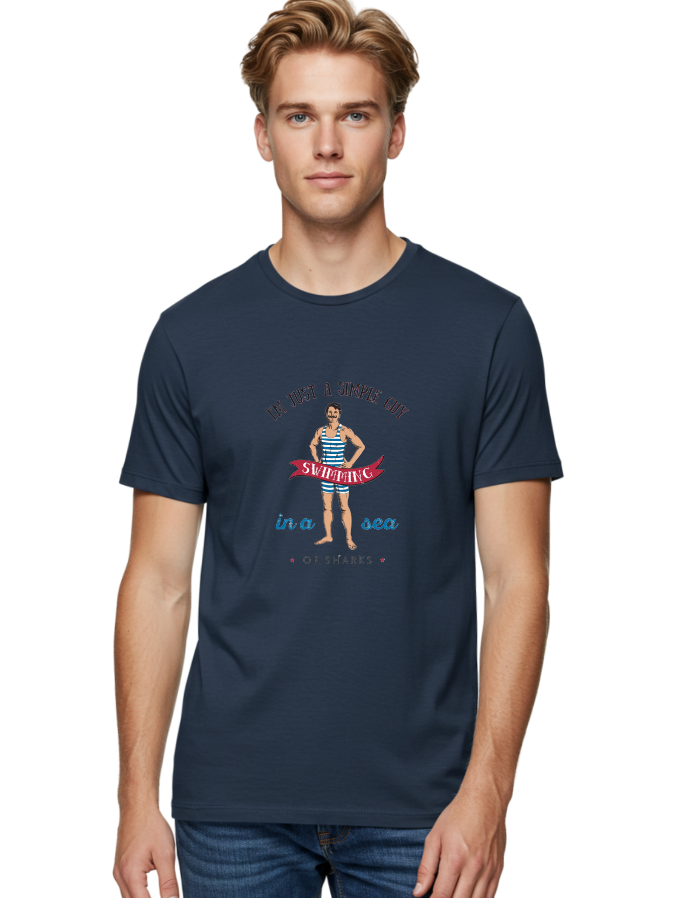 Simple-Guy-Swimming-1 Men'S Graphic Tee, 100% Cotton, Comfortable Casual Summer Wear, Machine Washable, Funny Cartoon, Vintage Swimmer, Blue Striped Swimsuit, Humorous Quote, Shark Humor, Retro Style, Ocean Joke, Witty Phrase, Swimmers, Aab974