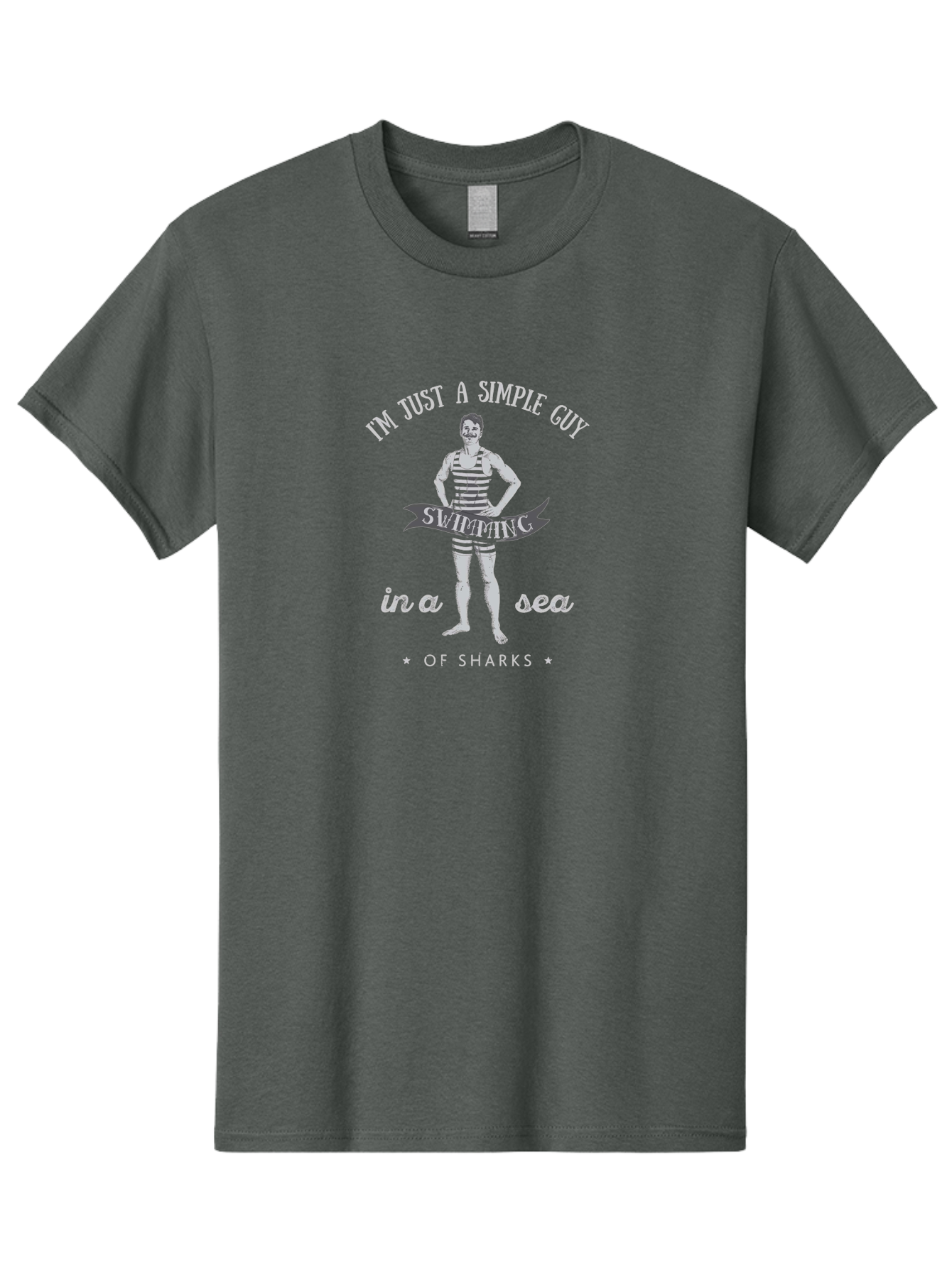 Simple-Guy-Swimming-2 Men'S Graphic Tee, 100% Cotton, Comfortable Casual Summer Wear, Machine Washable, Vintage Man, Striped Swimsuit, Confident Pose, Shark Warning, Ocean Danger, Retro Illustration, Humorous Quote, Fearless Attitude, Aab975