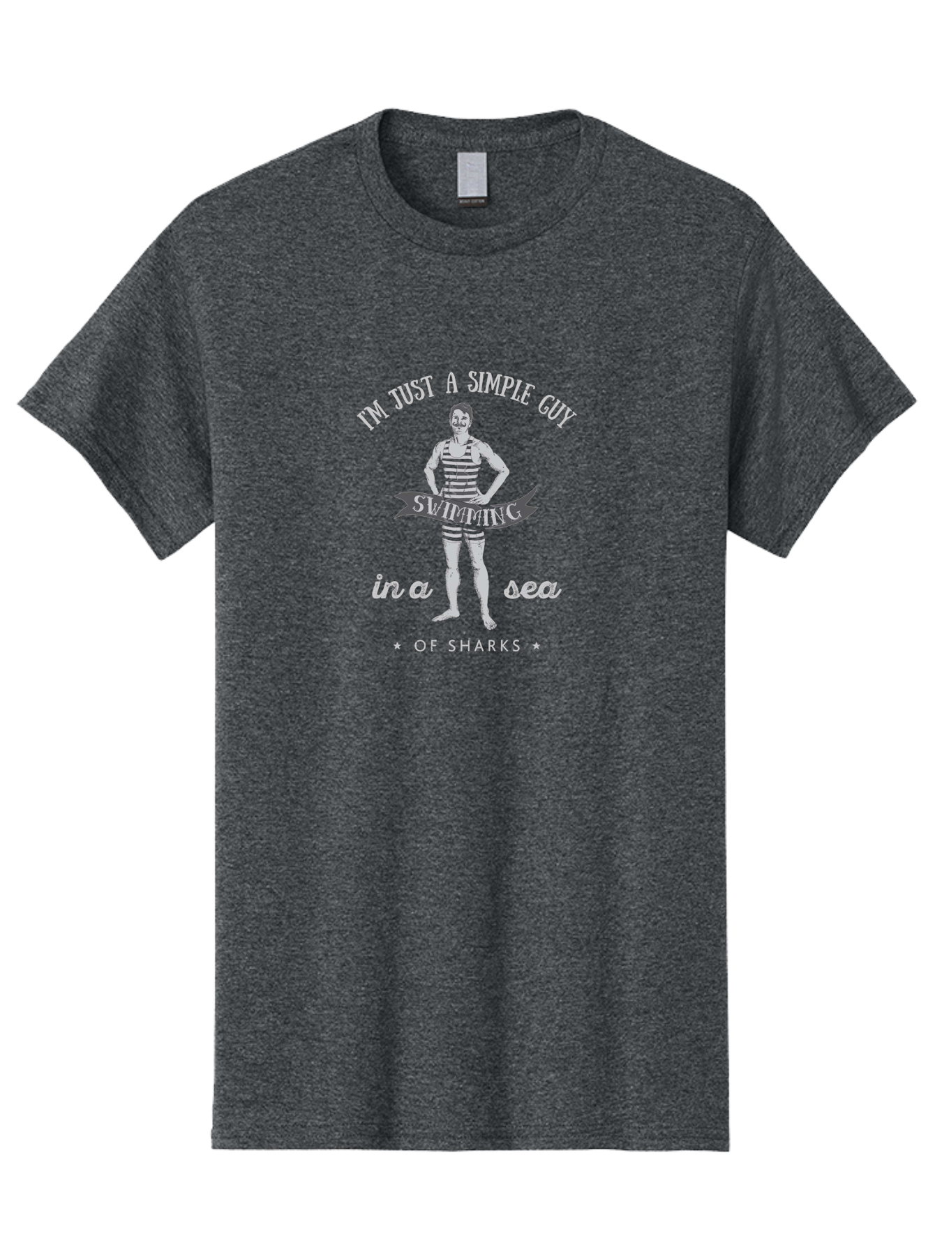 Simple-Guy-Swimming-2 Men'S Graphic Tee, 100% Cotton, Comfortable Casual Summer Wear, Machine Washable, Vintage Man, Striped Swimsuit, Confident Pose, Shark Warning, Ocean Danger, Retro Illustration, Humorous Quote, Fearless Attitude, Aab975