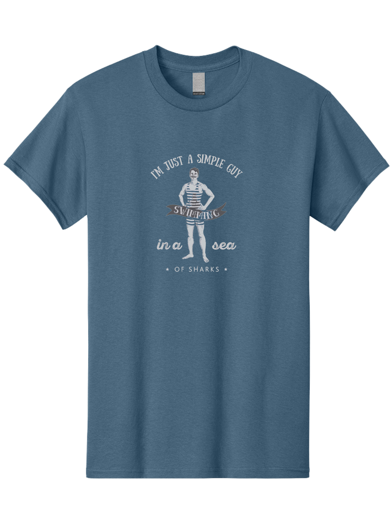 Simple-Guy-Swimming-2 Men'S Graphic Tee, 100% Cotton, Comfortable Casual Summer Wear, Machine Washable, Vintage Man, Striped Swimsuit, Confident Pose, Shark Warning, Ocean Danger, Retro Illustration, Humorous Quote, Fearless Attitude, Aab975