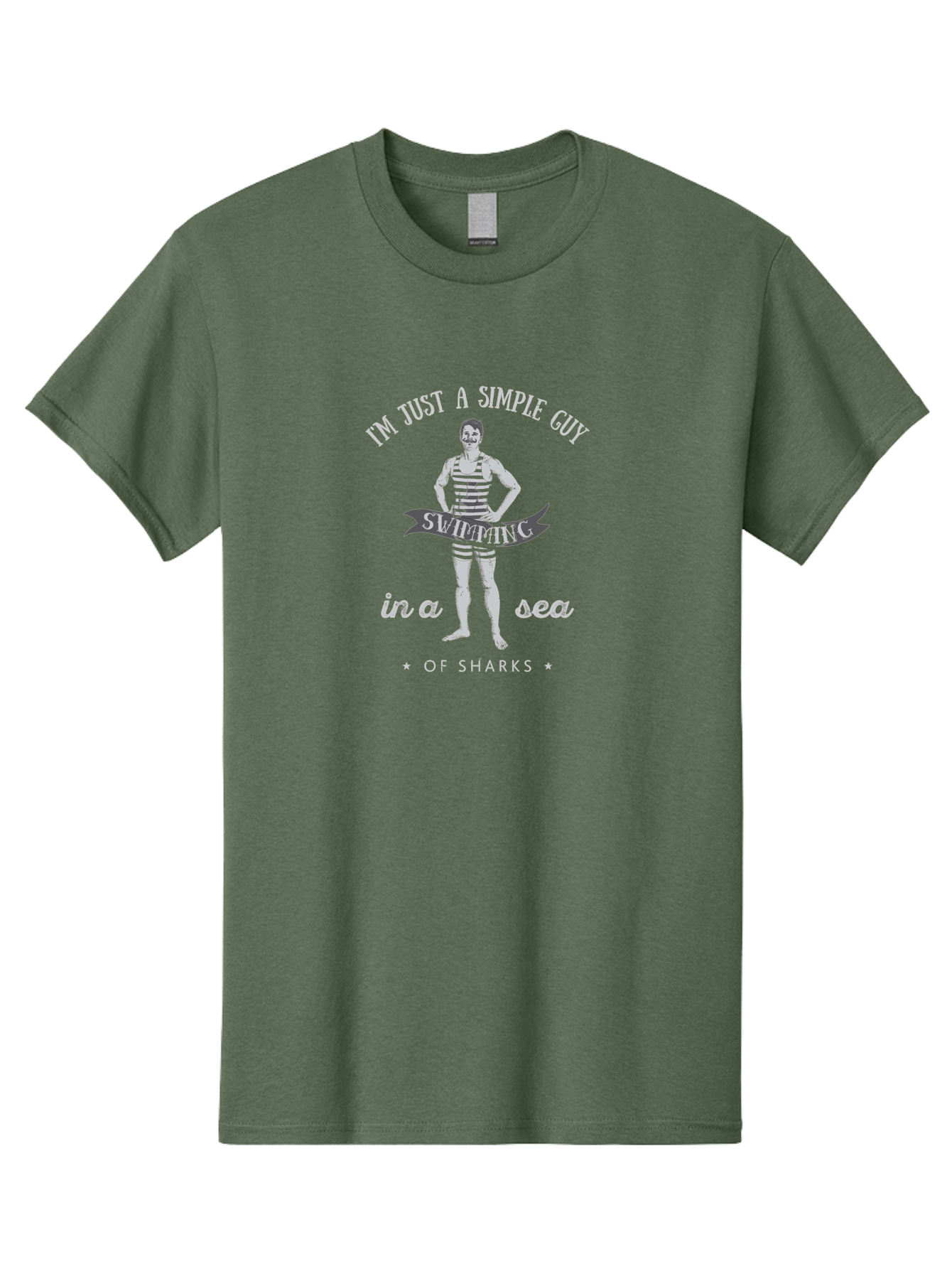 Simple-Guy-Swimming-2 Men'S Graphic Tee, 100% Cotton, Comfortable Casual Summer Wear, Machine Washable, Vintage Man, Striped Swimsuit, Confident Pose, Shark Warning, Ocean Danger, Retro Illustration, Humorous Quote, Fearless Attitude, Aab975