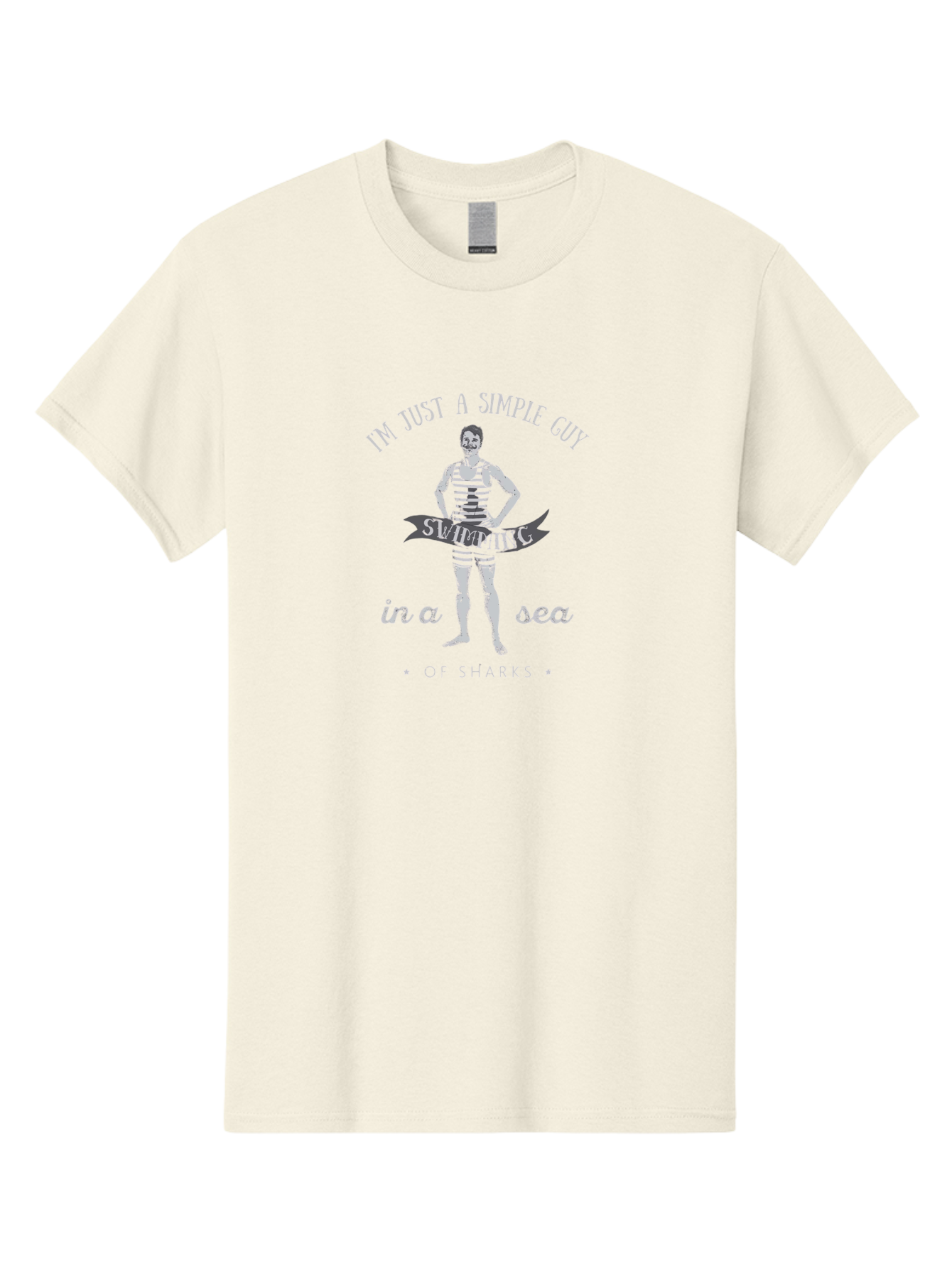 Simple-Guy-Swimming-2 Men'S Graphic Tee, 100% Cotton, Comfortable Casual Summer Wear, Machine Washable, Vintage Man, Striped Swimsuit, Confident Pose, Shark Warning, Ocean Danger, Retro Illustration, Humorous Quote, Fearless Attitude, Aab975