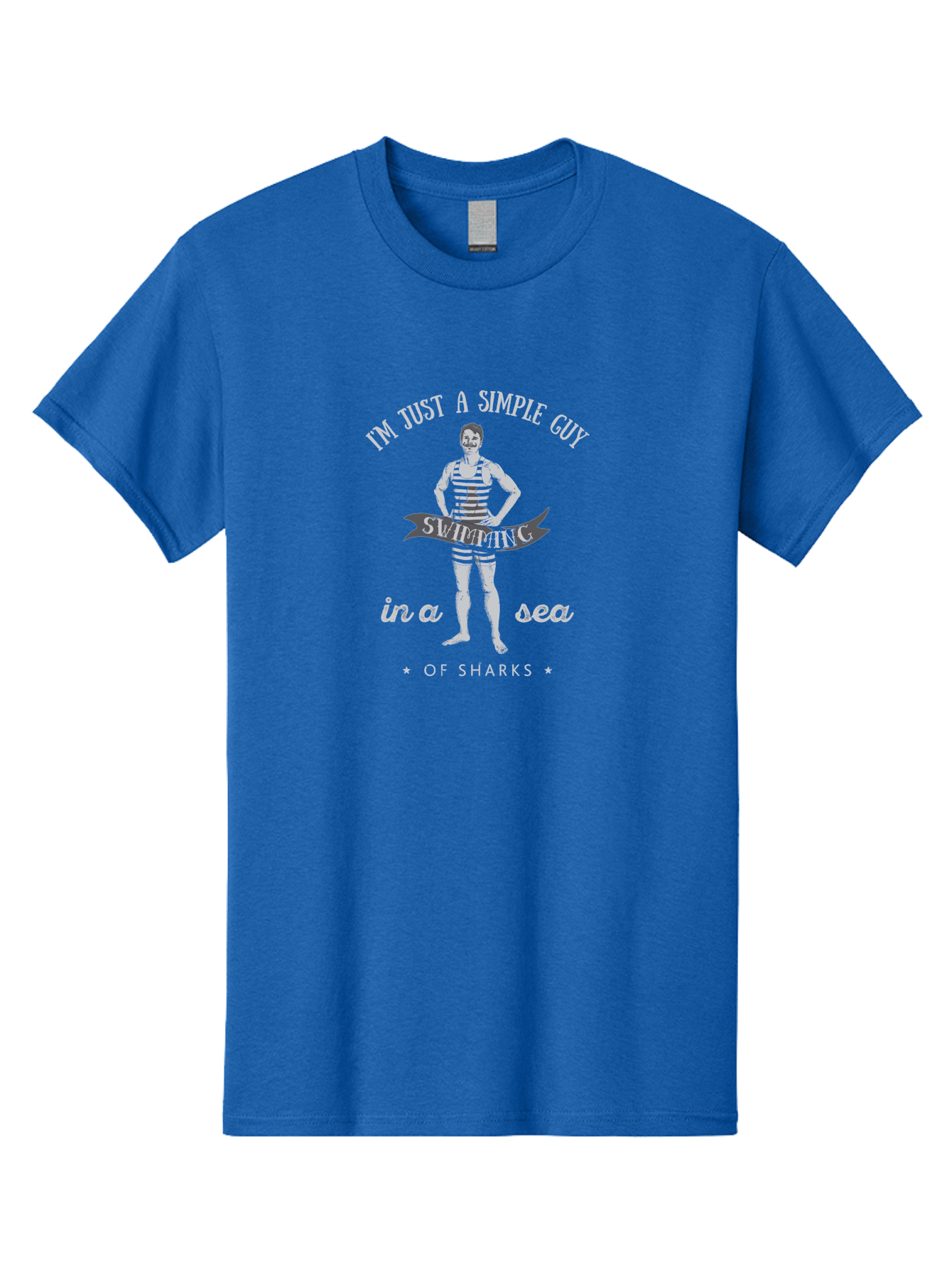 Simple-Guy-Swimming-2 Men'S Graphic Tee, 100% Cotton, Comfortable Casual Summer Wear, Machine Washable, Vintage Man, Striped Swimsuit, Confident Pose, Shark Warning, Ocean Danger, Retro Illustration, Humorous Quote, Fearless Attitude, Aab975