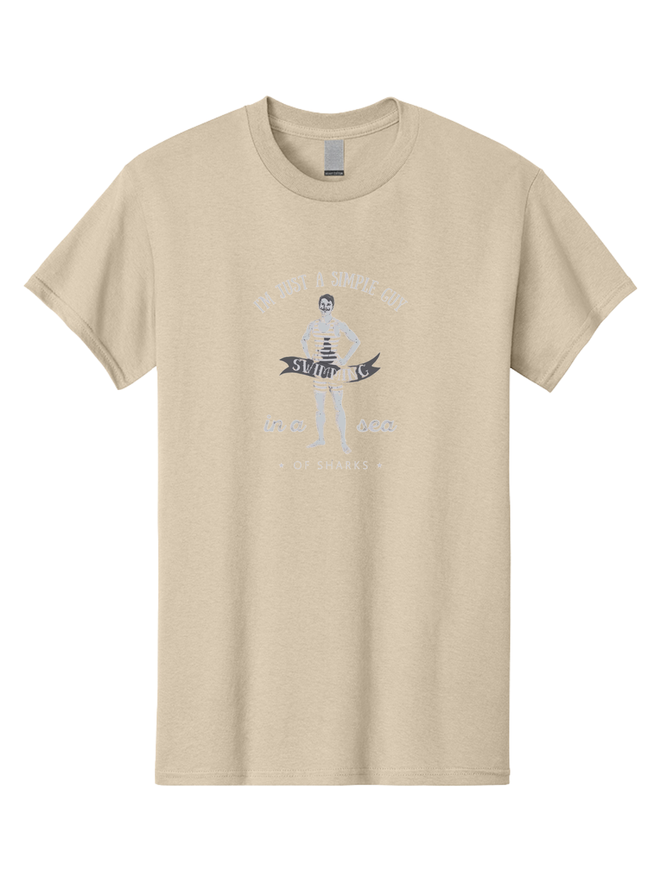 Simple-Guy-Swimming-2 Men'S Graphic Tee, 100% Cotton, Comfortable Casual Summer Wear, Machine Washable, Vintage Man, Striped Swimsuit, Confident Pose, Shark Warning, Ocean Danger, Retro Illustration, Humorous Quote, Fearless Attitude, Aab975