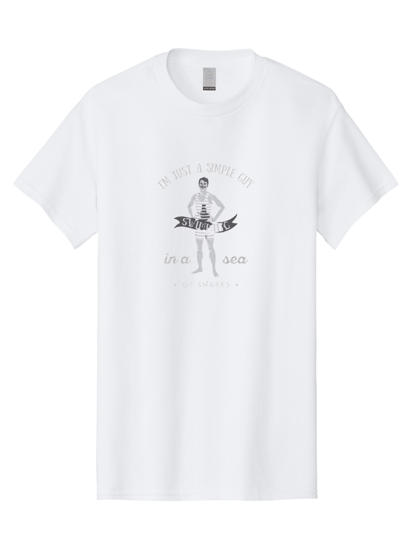 Simple-Guy-Swimming-2 Men'S Graphic Tee, 100% Cotton, Comfortable Casual Summer Wear, Machine Washable, Vintage Man, Striped Swimsuit, Confident Pose, Shark Warning, Ocean Danger, Retro Illustration, Humorous Quote, Fearless Attitude, Aab975