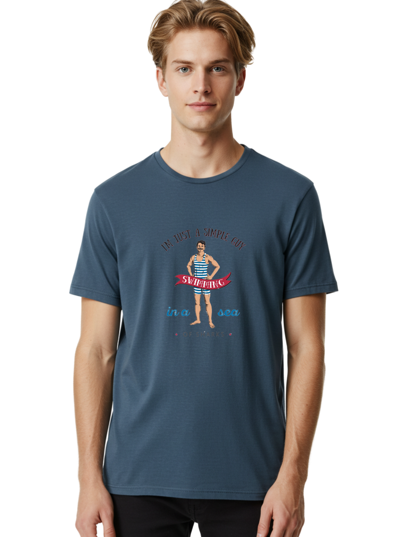 Simple-Guy-Swimming Men'S Graphic Tee, 100% Cotton, Comfortable Casual Summer Wear, Machine Washable, Funny Swimsuit Graphic, Vintage Swimwear, Humorous Quote, Retro Style, Simple Guy, Swimming, Sea Of Sharks, Playful Design, Aab977