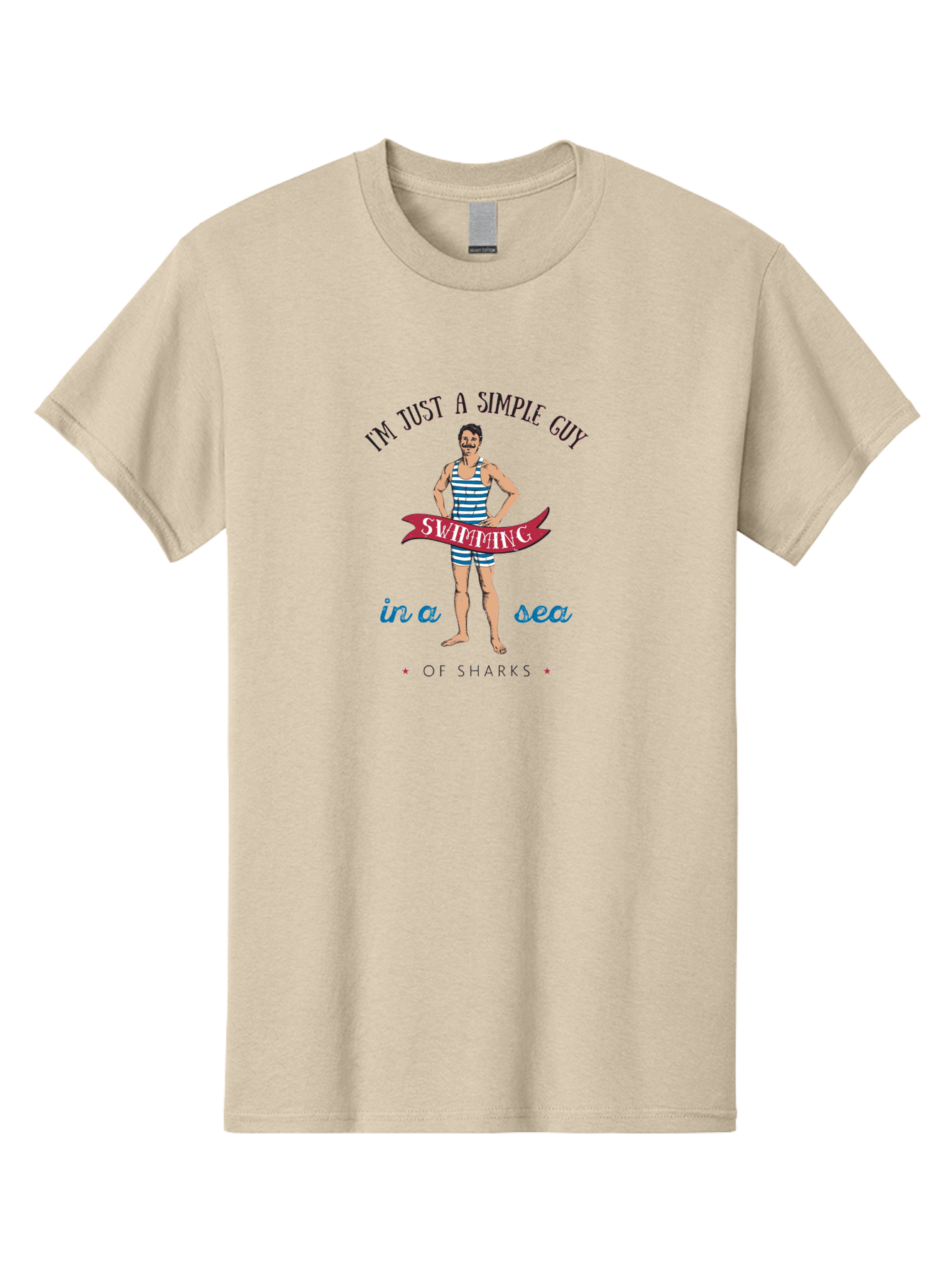 Simple-Guy-Swimming Men'S Graphic Tee, 100% Cotton, Comfortable Casual Summer Wear, Machine Washable, Funny Swimsuit Graphic, Vintage Swimwear, Humorous Quote, Retro Style, Simple Guy, Swimming, Sea Of Sharks, Playful Design, Aab977