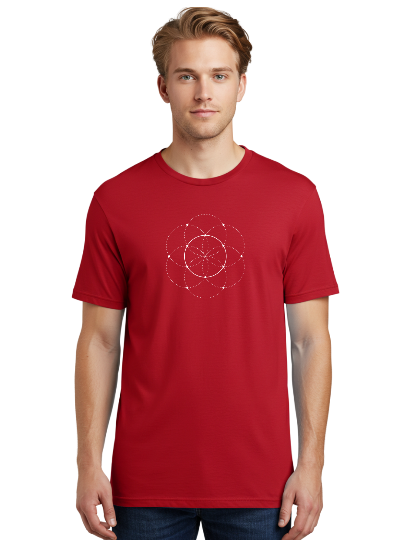 Sacred-Geometry-Flower Men'S Graphic Tee, 100% Cotton, Comfortable Casual Summer Wear, Machine Washable, Sacred Geometry, Geometric Pattern, White Circles, Dotted Lines, Flower Of Life, Spiritual Symbol, Mystic Design, Geometric Shape Aab991