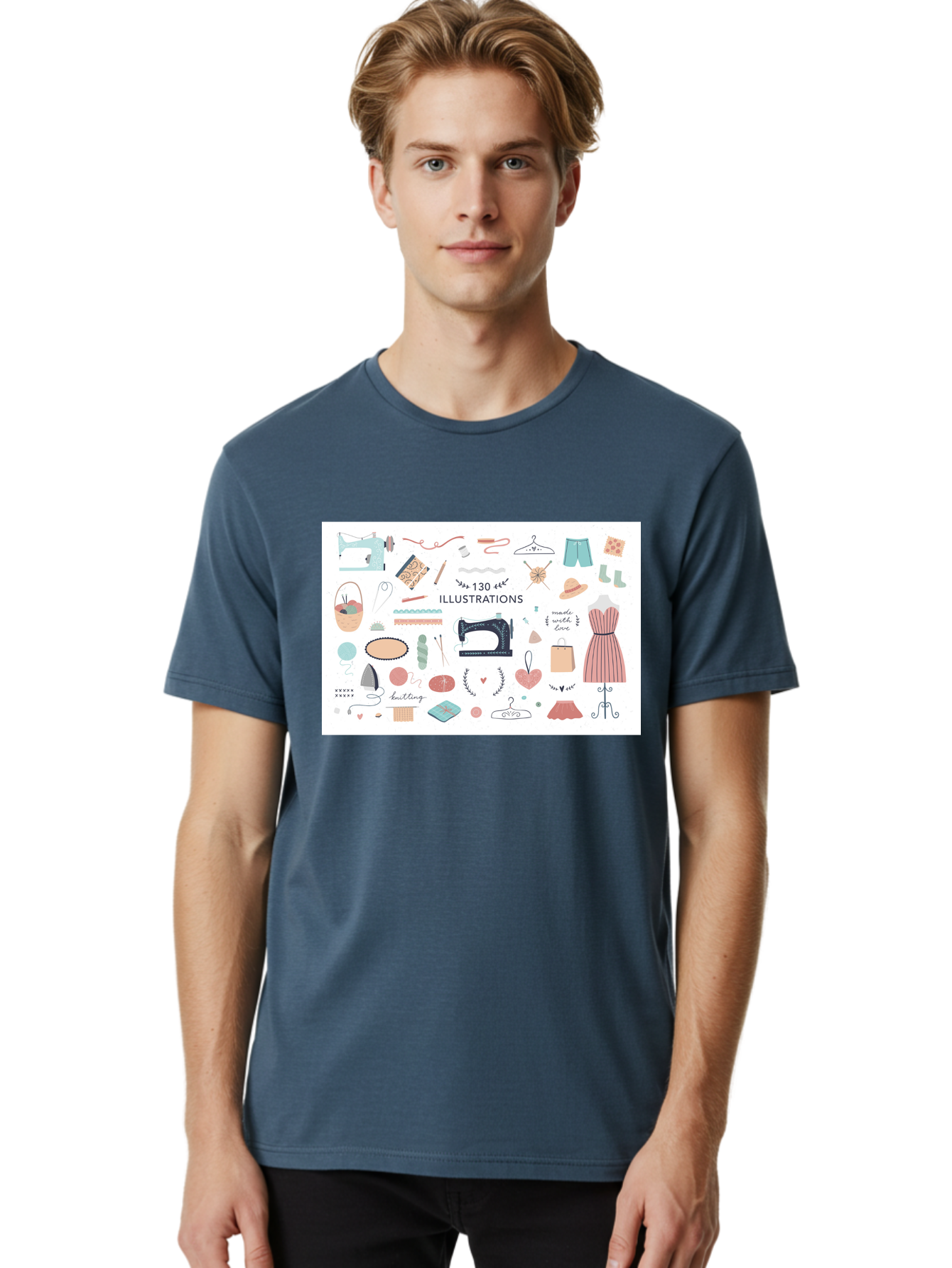 130-Illustrations Men'S Graphic Tee, 100% Cotton, Comfortable Casual Summer Wear, Machine Washable, Sewing Machine, Knitting Needles, Thread, Scissors, Clothes Hangers, Fashion Accessories, Diy Crafts, Handmade Clothing, 130 Illustrations, Aab997