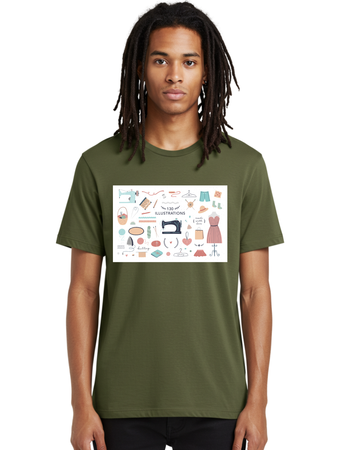 130-Illustrations Men'S Graphic Tee, 100% Cotton, Comfortable Casual Summer Wear, Machine Washable, Sewing Machine, Knitting Needles, Thread, Scissors, Clothes Hangers, Fashion Accessories, Diy Crafts, Handmade Clothing, 130 Illustrations, Aab997
