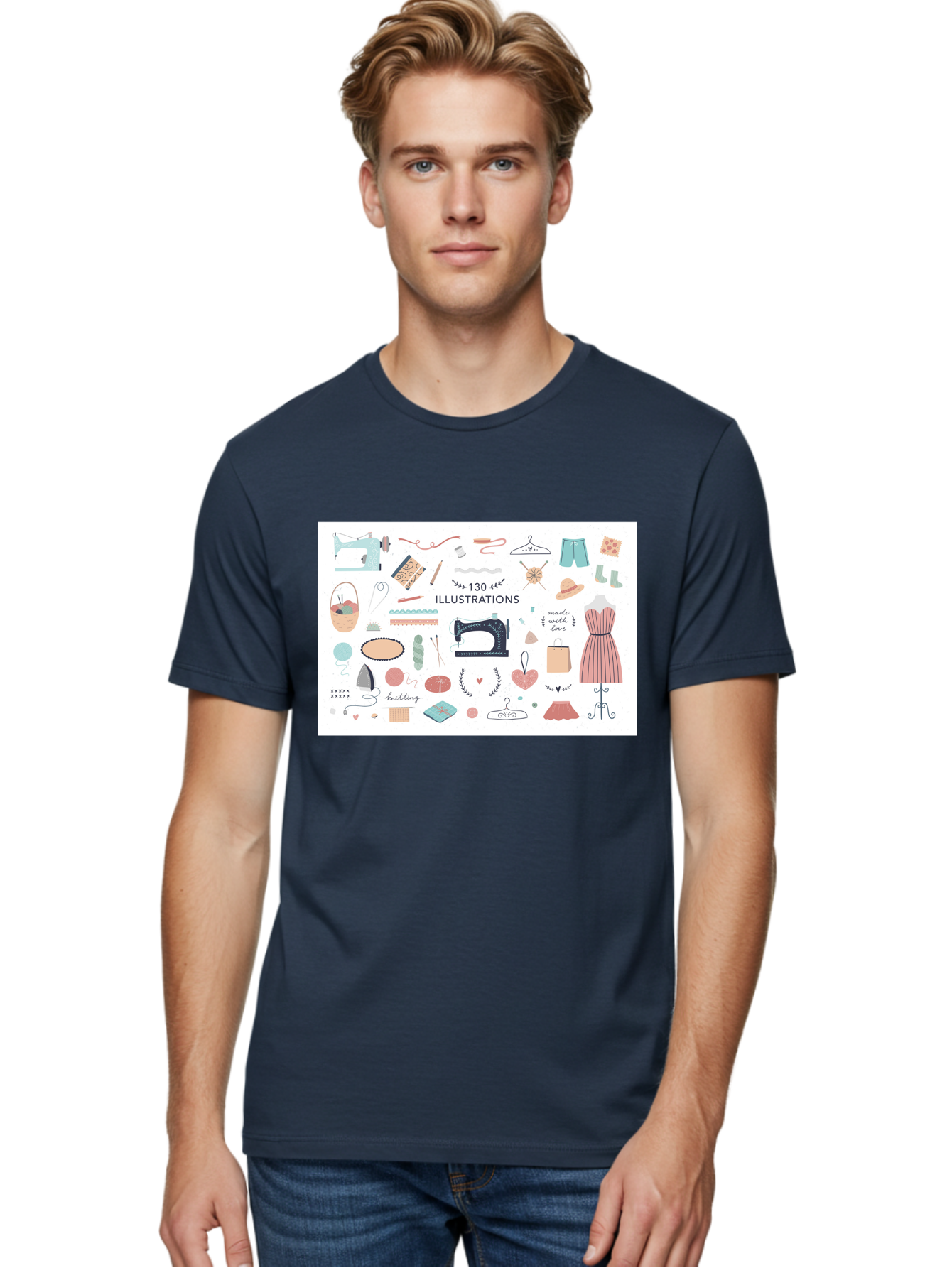130-Illustrations Men'S Graphic Tee, 100% Cotton, Comfortable Casual Summer Wear, Machine Washable, Sewing Machine, Knitting Needles, Thread, Scissors, Clothes Hangers, Fashion Accessories, Diy Crafts, Handmade Clothing, 130 Illustrations, Aab997