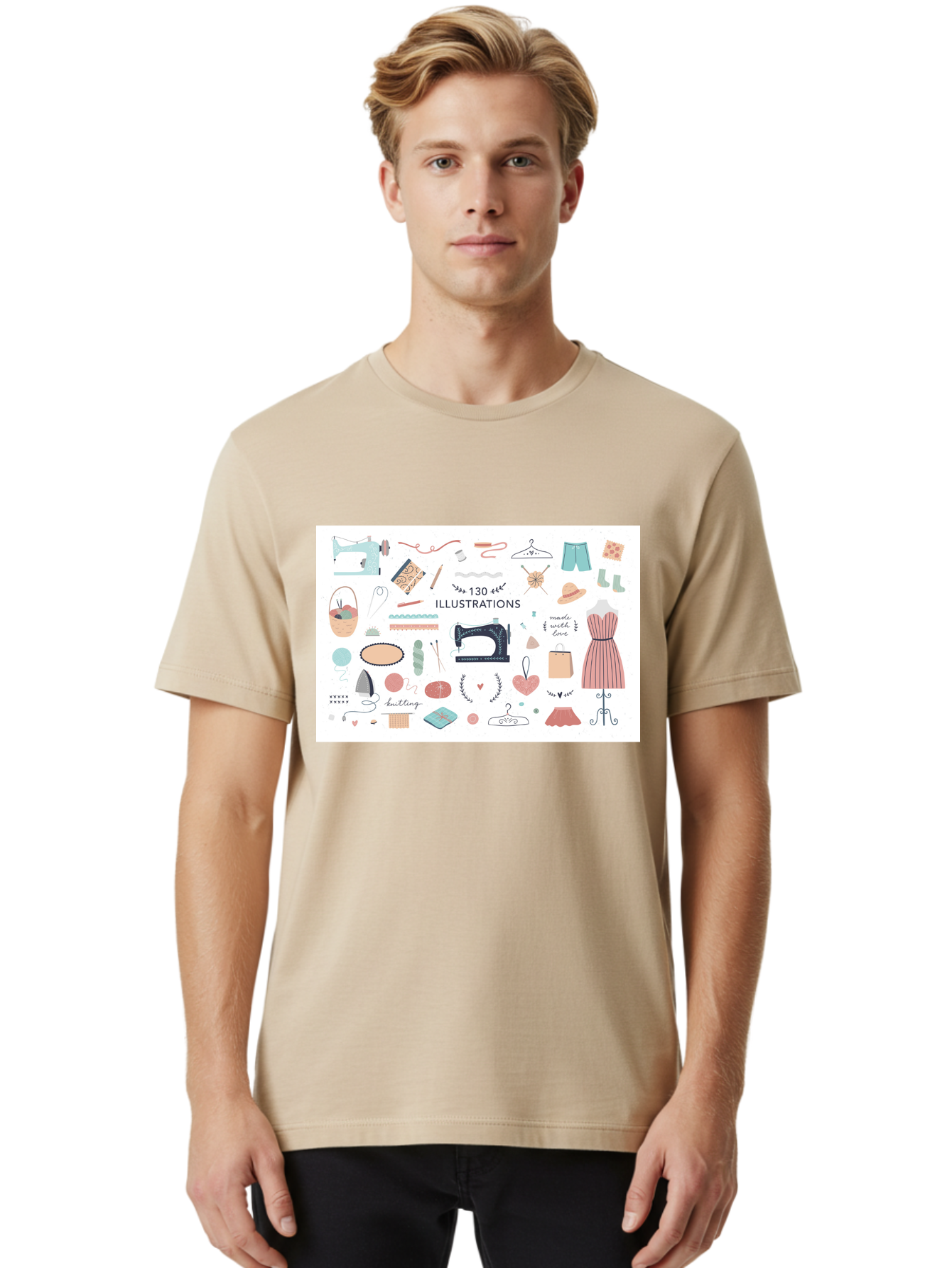130-Illustrations Men'S Graphic Tee, 100% Cotton, Comfortable Casual Summer Wear, Machine Washable, Sewing Machine, Knitting Needles, Thread, Scissors, Clothes Hangers, Fashion Accessories, Diy Crafts, Handmade Clothing, 130 Illustrations, Aab997