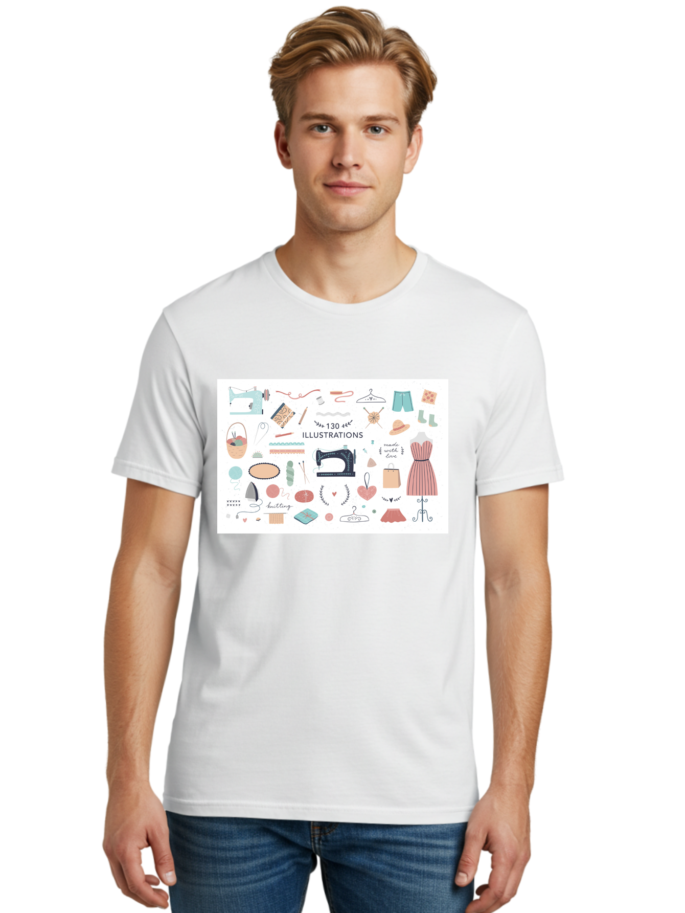 130-Illustrations Men'S Graphic Tee, 100% Cotton, Comfortable Casual Summer Wear, Machine Washable, Sewing Machine, Knitting Needles, Thread, Scissors, Clothes Hangers, Fashion Accessories, Diy Crafts, Handmade Clothing, 130 Illustrations, Aab997