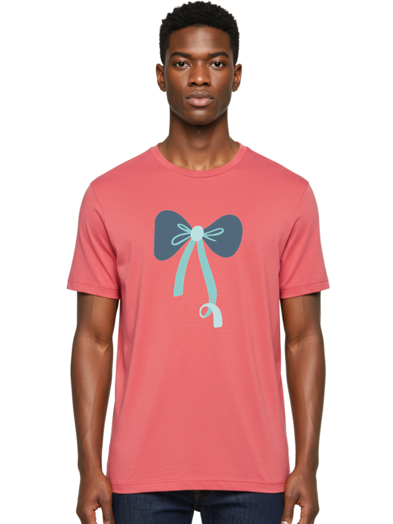 Bow-Ribbon Men'S Graphic Tee, 100% Cotton, Comfortable Casual Summer Wear, Machine Washable, Grey Bow, Blue Ribbon, Decorative Bow, Elegant Design, Stylish Accessory, Fashion Embellishment, Gift Wrapping, Party Decoration Aac004
