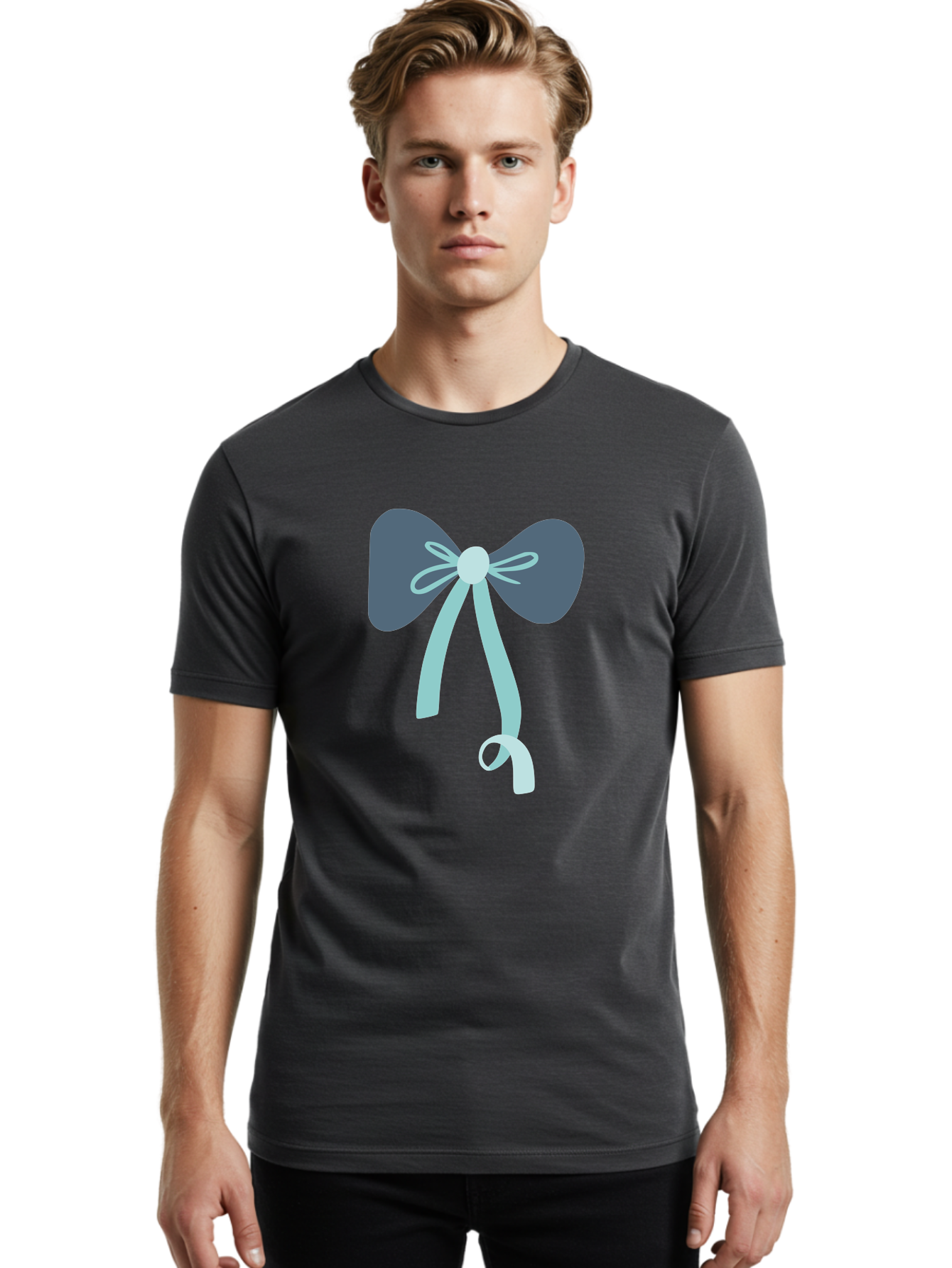 Bow-Ribbon Men'S Graphic Tee, 100% Cotton, Comfortable Casual Summer Wear, Machine Washable, Grey Bow, Blue Ribbon, Decorative Bow, Elegant Design, Stylish Accessory, Fashion Embellishment, Gift Wrapping, Party Decoration Aac004
