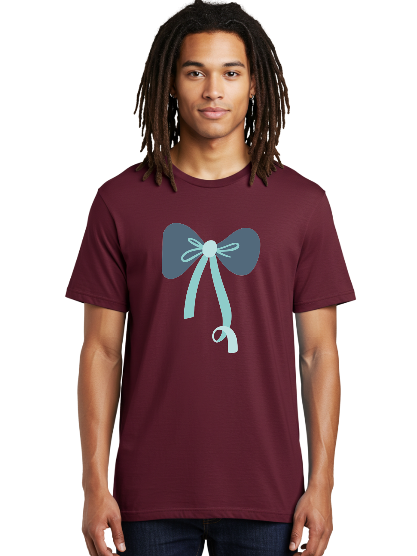 Bow-Ribbon Men'S Graphic Tee, 100% Cotton, Comfortable Casual Summer Wear, Machine Washable, Grey Bow, Blue Ribbon, Decorative Bow, Elegant Design, Stylish Accessory, Fashion Embellishment, Gift Wrapping, Party Decoration Aac004