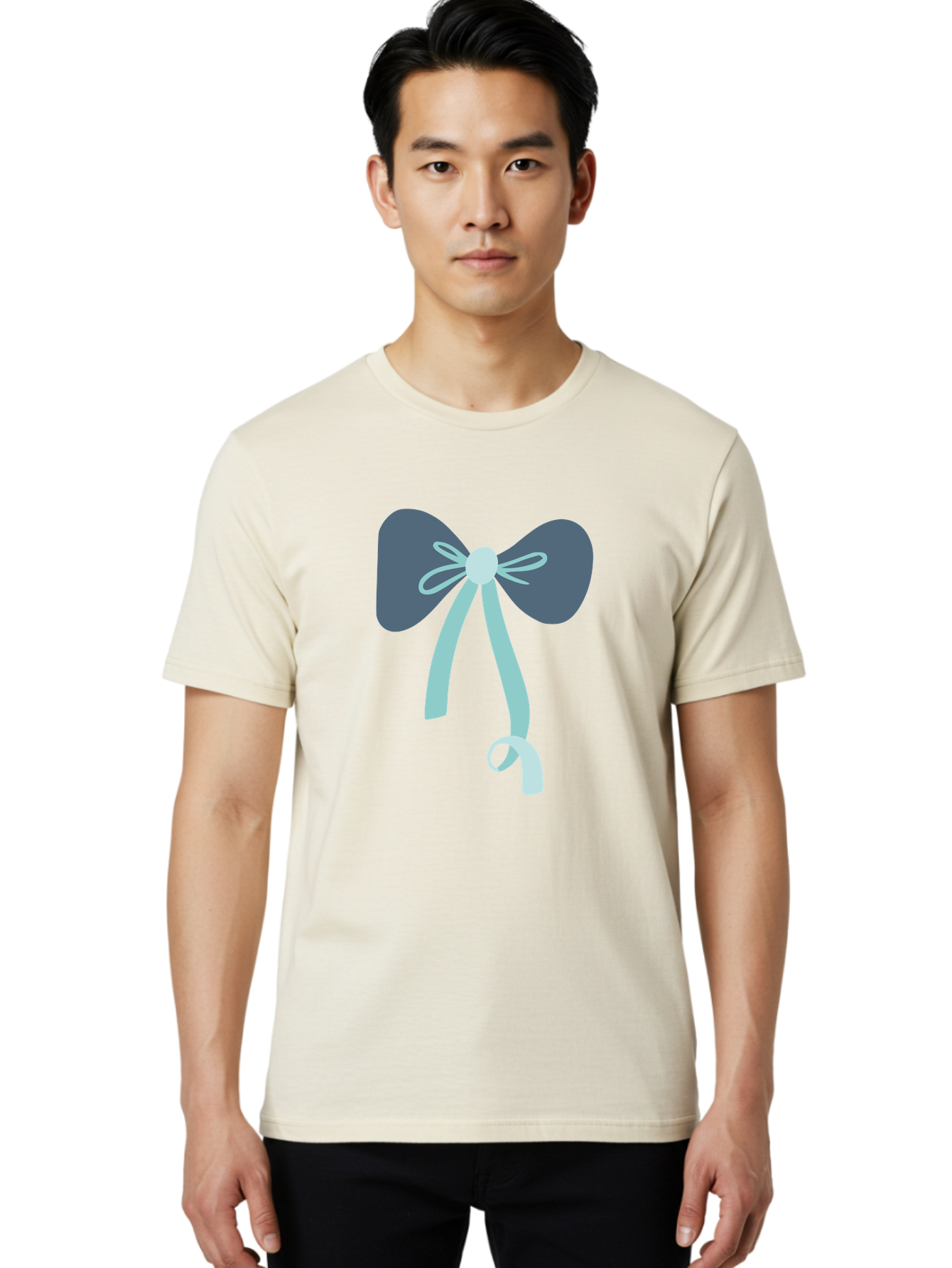 Bow-Ribbon Men'S Graphic Tee, 100% Cotton, Comfortable Casual Summer Wear, Machine Washable, Grey Bow, Blue Ribbon, Decorative Bow, Elegant Design, Stylish Accessory, Fashion Embellishment, Gift Wrapping, Party Decoration Aac004