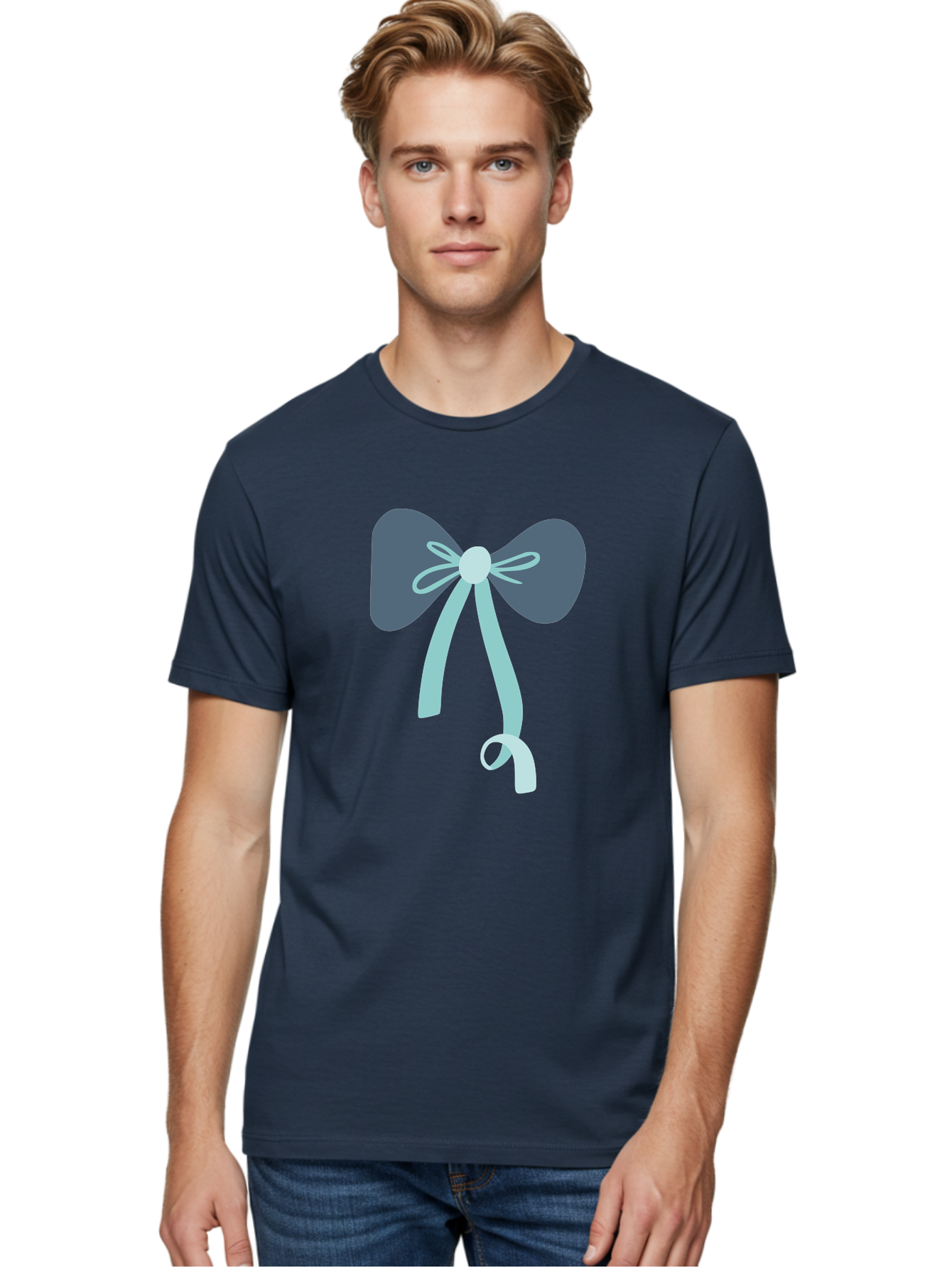 Bow-Ribbon Men'S Graphic Tee, 100% Cotton, Comfortable Casual Summer Wear, Machine Washable, Grey Bow, Blue Ribbon, Decorative Bow, Elegant Design, Stylish Accessory, Fashion Embellishment, Gift Wrapping, Party Decoration Aac004