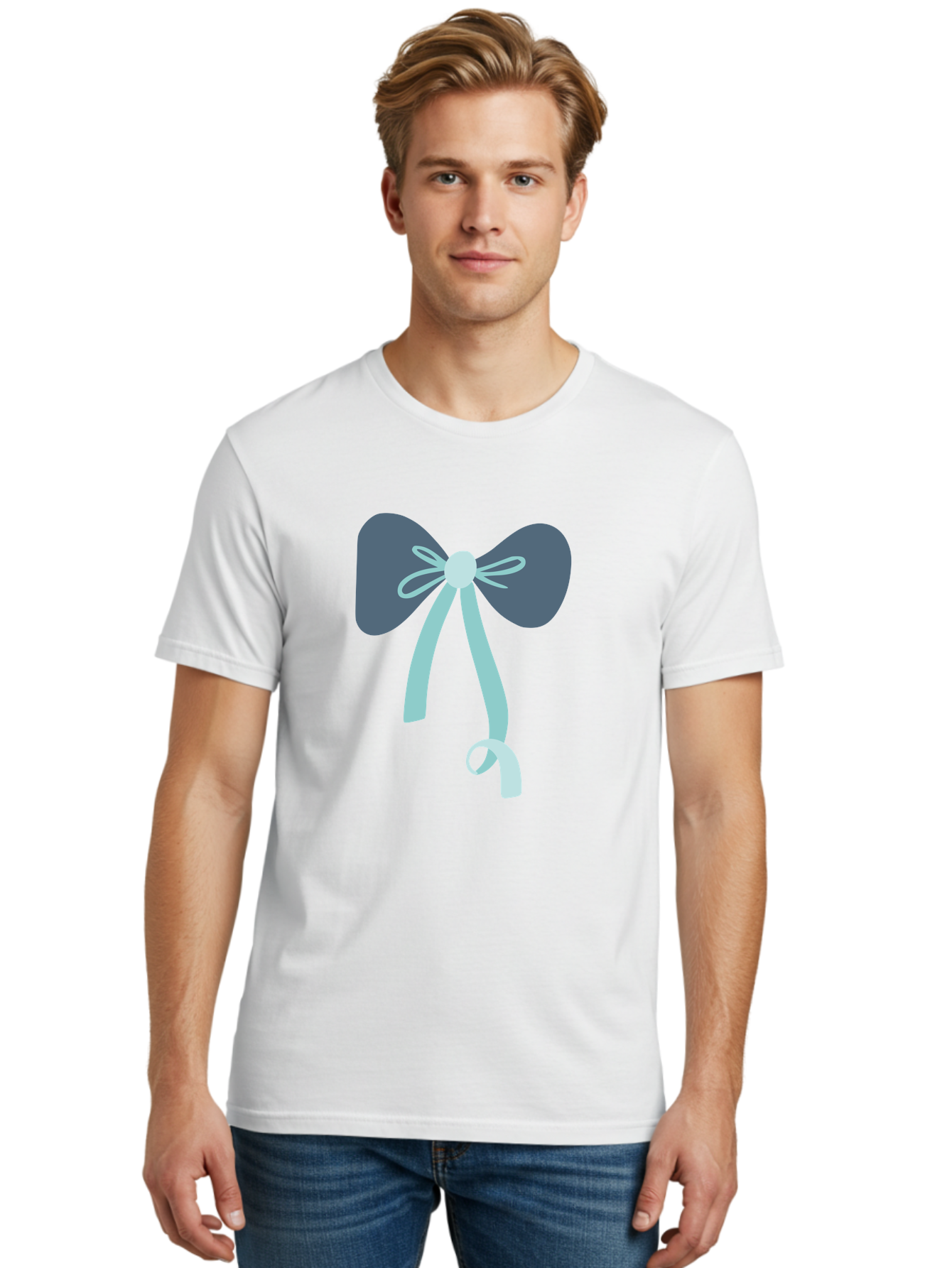 Bow-Ribbon Men'S Graphic Tee, 100% Cotton, Comfortable Casual Summer Wear, Machine Washable, Grey Bow, Blue Ribbon, Decorative Bow, Elegant Design, Stylish Accessory, Fashion Embellishment, Gift Wrapping, Party Decoration Aac004