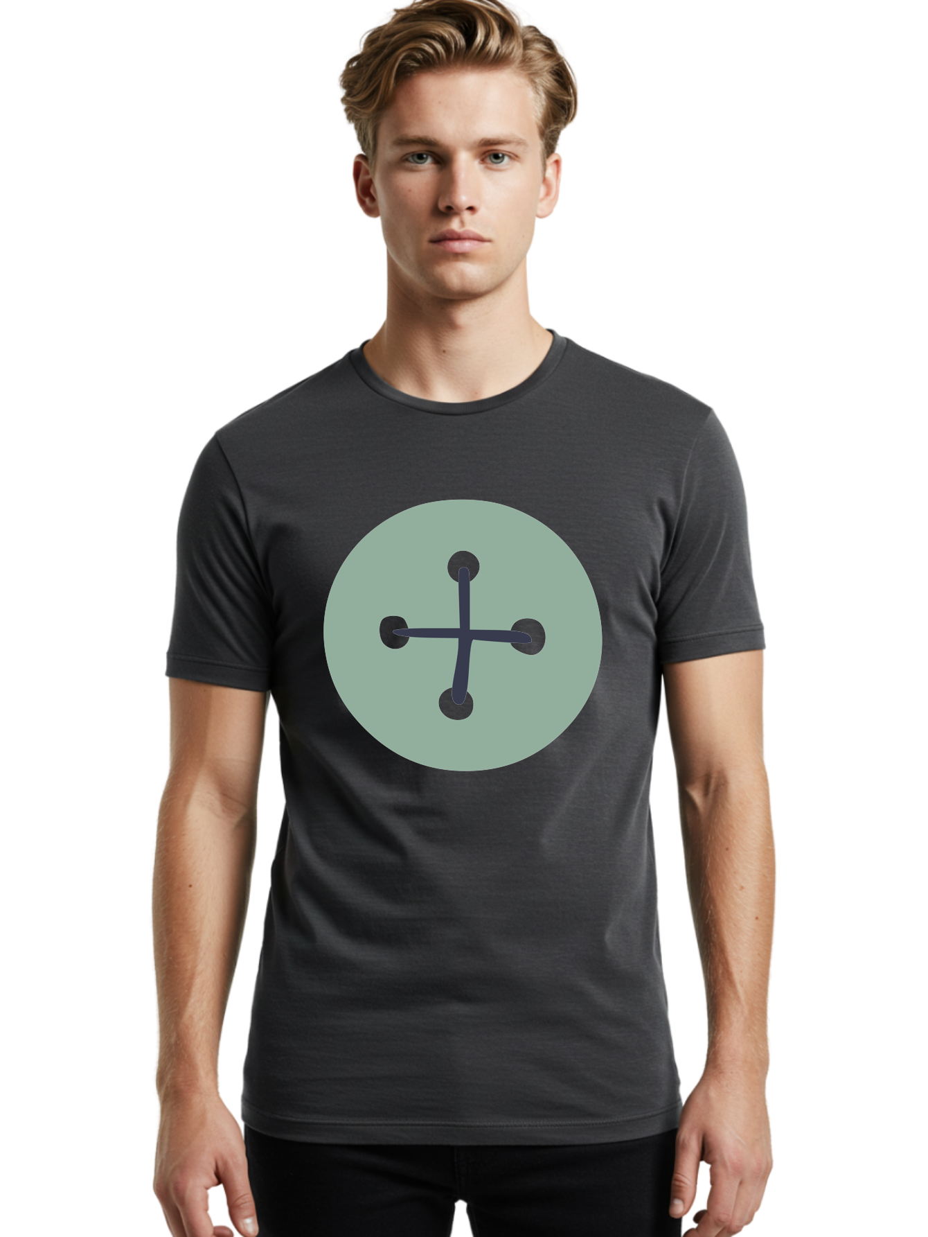 Button Men'S Graphic Tee, 100% Cotton, Comfortable Casual Summer Wear, Machine Washable, Dark Gray Plus Sign, Gray Circle, Green Dots, Simple Graphic, Minimalist Design, Geometric Shape, Abstract Art Aac005