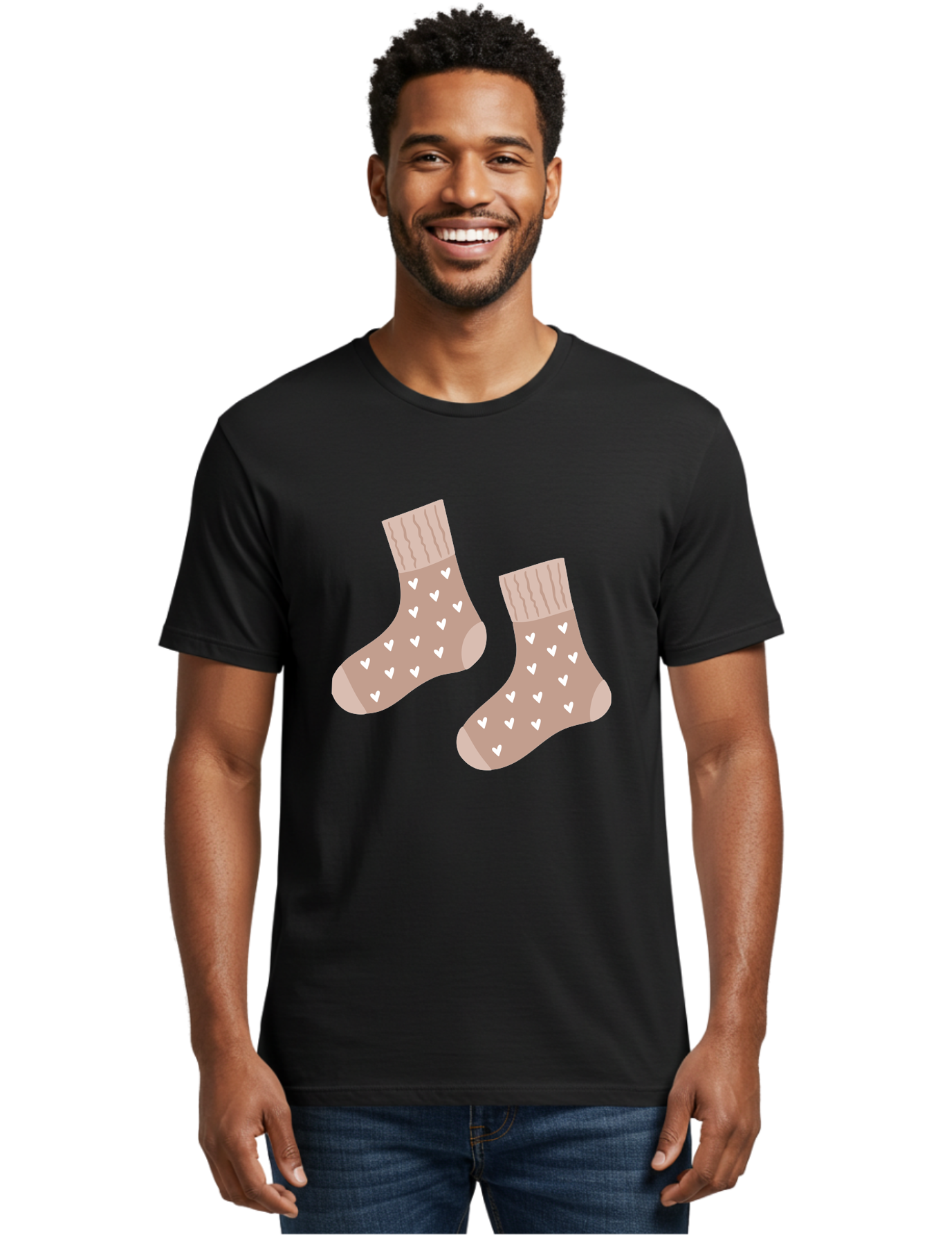 Cozy-Socks-With-Hearts Men'S Graphic Tee, 100% Cotton, Comfortable Casual Summer Wear, Machine Washable, Tan Socks, White Hearts, Cozy Footwear, Casual Fashion, Comfortable Socks, Heart Pattern, Soft Socks, Warm Socks, Everyday Wear, Aac009