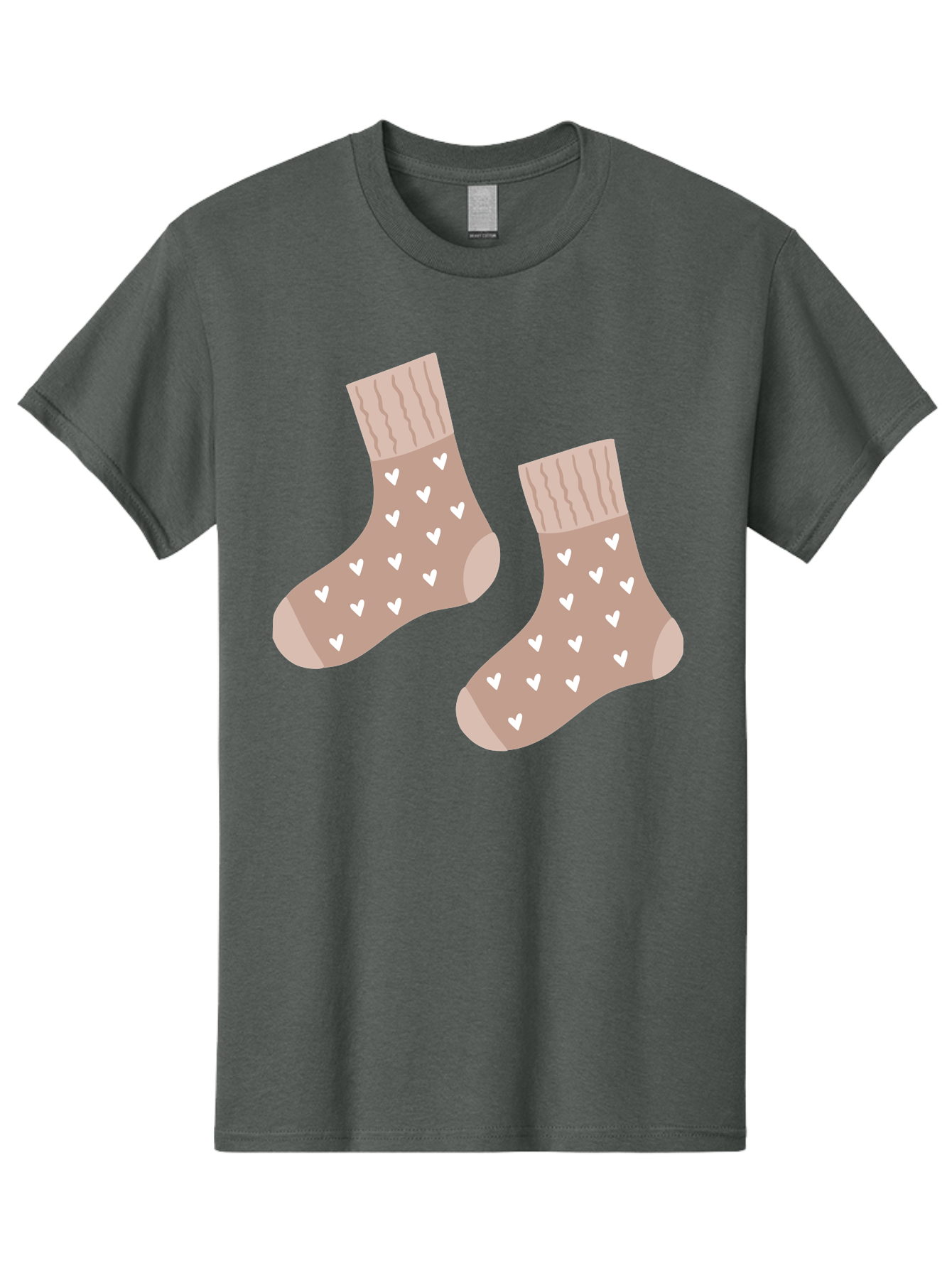 Cozy-Socks-With-Hearts Men'S Graphic Tee, 100% Cotton, Comfortable Casual Summer Wear, Machine Washable, Tan Socks, White Hearts, Cozy Footwear, Casual Fashion, Comfortable Socks, Heart Pattern, Soft Socks, Warm Socks, Everyday Wear, Aac009