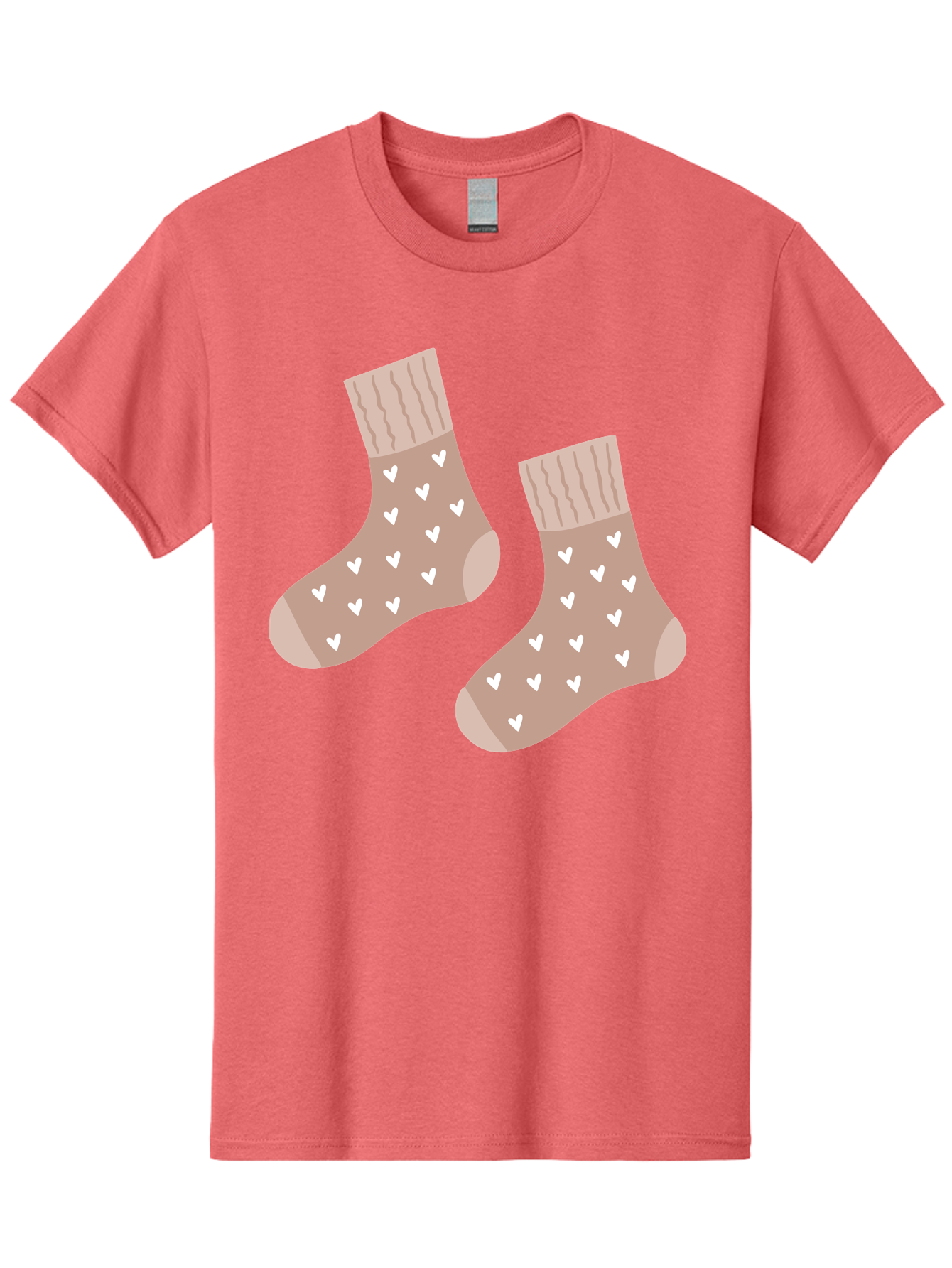 Cozy-Socks-With-Hearts Men'S Graphic Tee, 100% Cotton, Comfortable Casual Summer Wear, Machine Washable, Tan Socks, White Hearts, Cozy Footwear, Casual Fashion, Comfortable Socks, Heart Pattern, Soft Socks, Warm Socks, Everyday Wear, Aac009