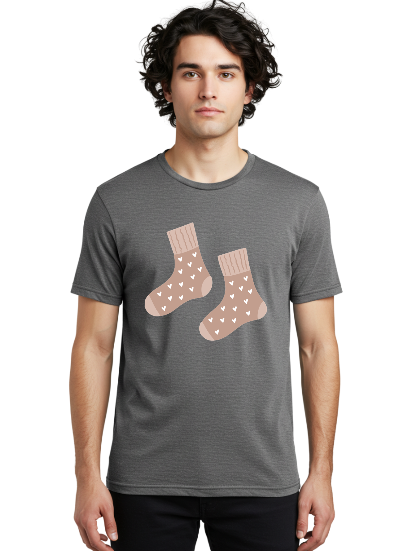 Cozy-Socks-With-Hearts Men'S Graphic Tee, 100% Cotton, Comfortable Casual Summer Wear, Machine Washable, Tan Socks, White Hearts, Cozy Footwear, Casual Fashion, Comfortable Socks, Heart Pattern, Soft Socks, Warm Socks, Everyday Wear, Aac009