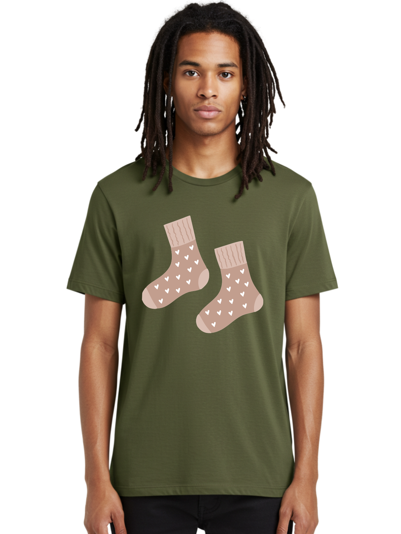 Cozy-Socks-With-Hearts Men'S Graphic Tee, 100% Cotton, Comfortable Casual Summer Wear, Machine Washable, Tan Socks, White Hearts, Cozy Footwear, Casual Fashion, Comfortable Socks, Heart Pattern, Soft Socks, Warm Socks, Everyday Wear, Aac009
