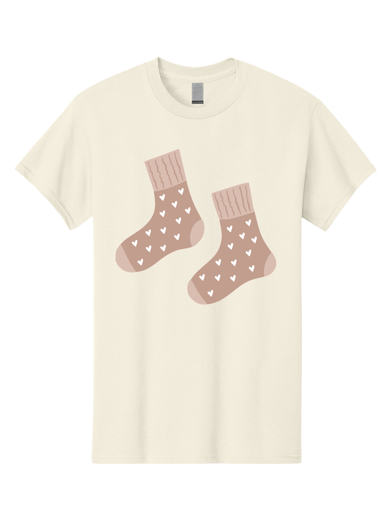 Cozy-Socks-With-Hearts Men'S Graphic Tee, 100% Cotton, Comfortable Casual Summer Wear, Machine Washable, Tan Socks, White Hearts, Cozy Footwear, Casual Fashion, Comfortable Socks, Heart Pattern, Soft Socks, Warm Socks, Everyday Wear, Aac009