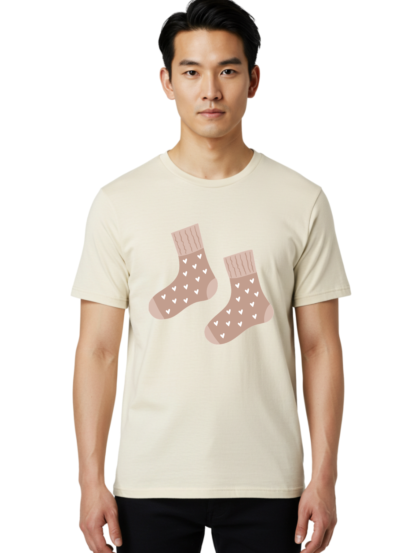 Cozy-Socks-With-Hearts Men'S Graphic Tee, 100% Cotton, Comfortable Casual Summer Wear, Machine Washable, Tan Socks, White Hearts, Cozy Footwear, Casual Fashion, Comfortable Socks, Heart Pattern, Soft Socks, Warm Socks, Everyday Wear, Aac009