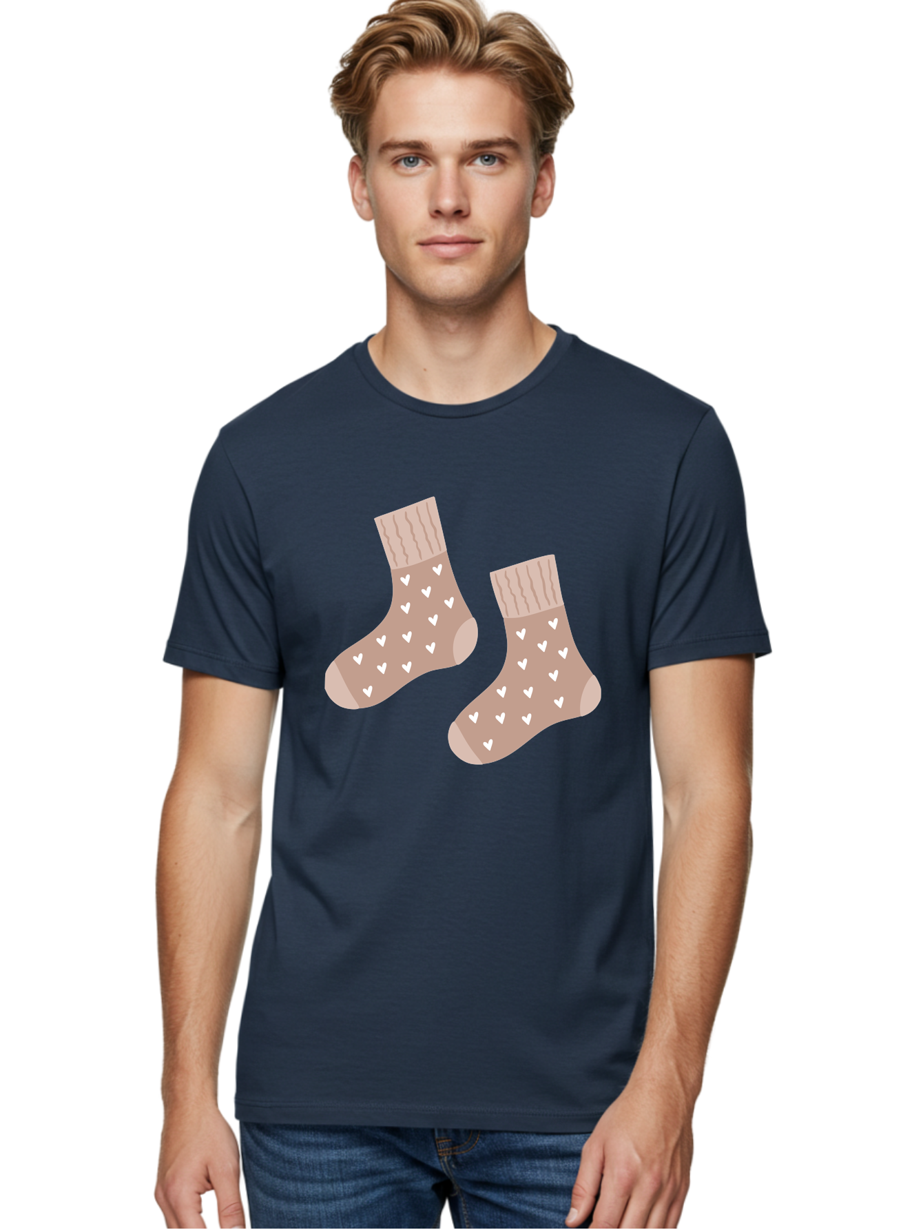 Cozy-Socks-With-Hearts Men'S Graphic Tee, 100% Cotton, Comfortable Casual Summer Wear, Machine Washable, Tan Socks, White Hearts, Cozy Footwear, Casual Fashion, Comfortable Socks, Heart Pattern, Soft Socks, Warm Socks, Everyday Wear, Aac009