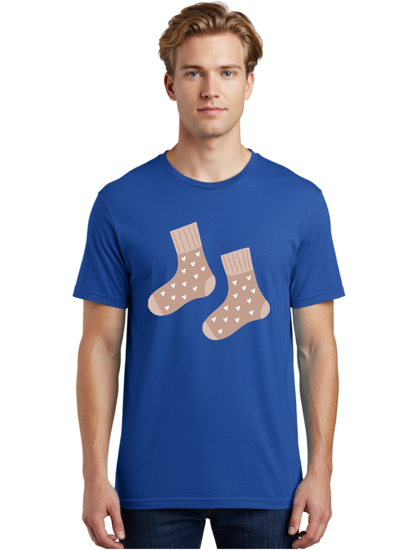 Cozy-Socks-With-Hearts Men'S Graphic Tee, 100% Cotton, Comfortable Casual Summer Wear, Machine Washable, Tan Socks, White Hearts, Cozy Footwear, Casual Fashion, Comfortable Socks, Heart Pattern, Soft Socks, Warm Socks, Everyday Wear, Aac009