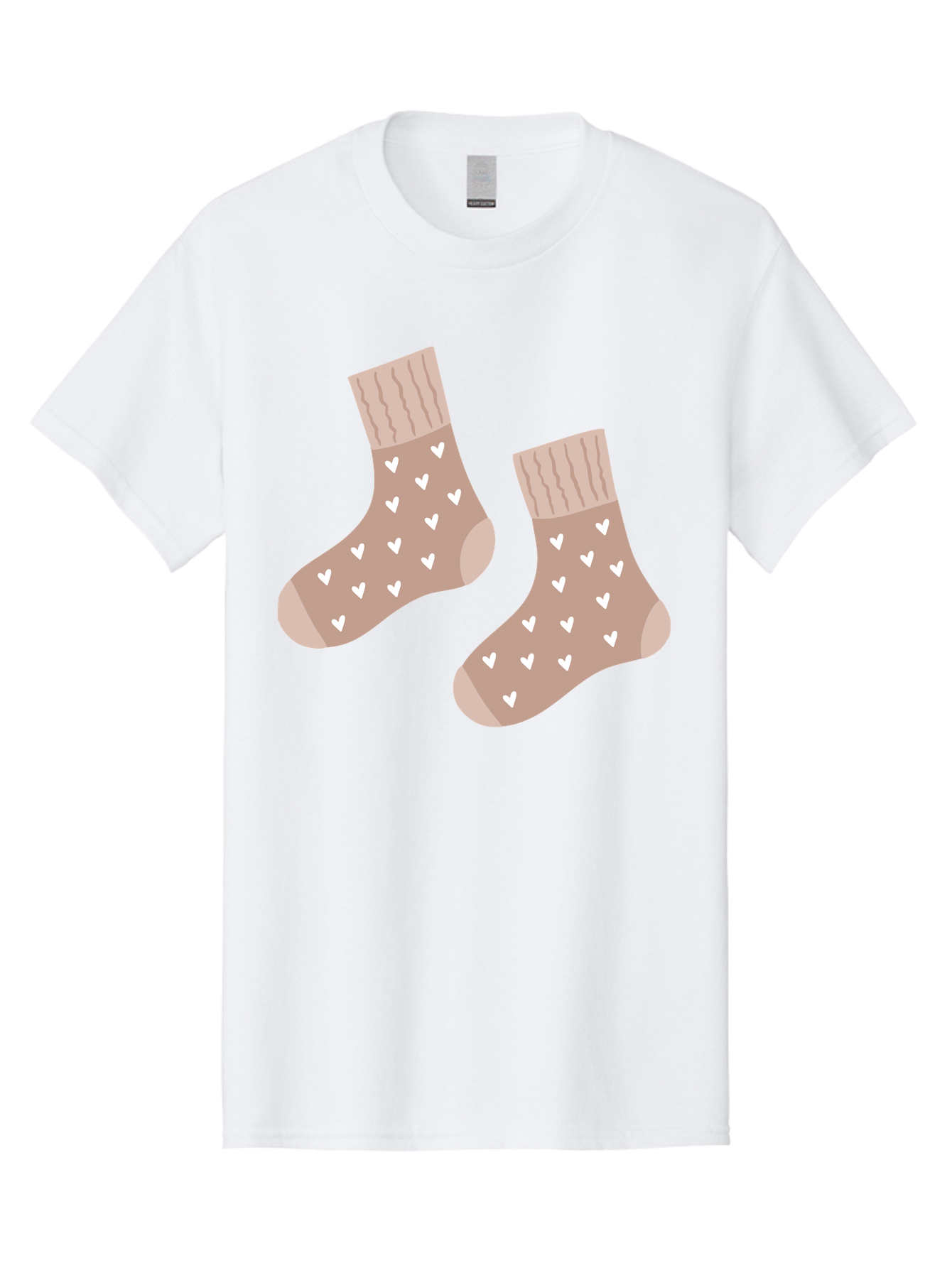 Cozy-Socks-With-Hearts Men'S Graphic Tee, 100% Cotton, Comfortable Casual Summer Wear, Machine Washable, Tan Socks, White Hearts, Cozy Footwear, Casual Fashion, Comfortable Socks, Heart Pattern, Soft Socks, Warm Socks, Everyday Wear, Aac009