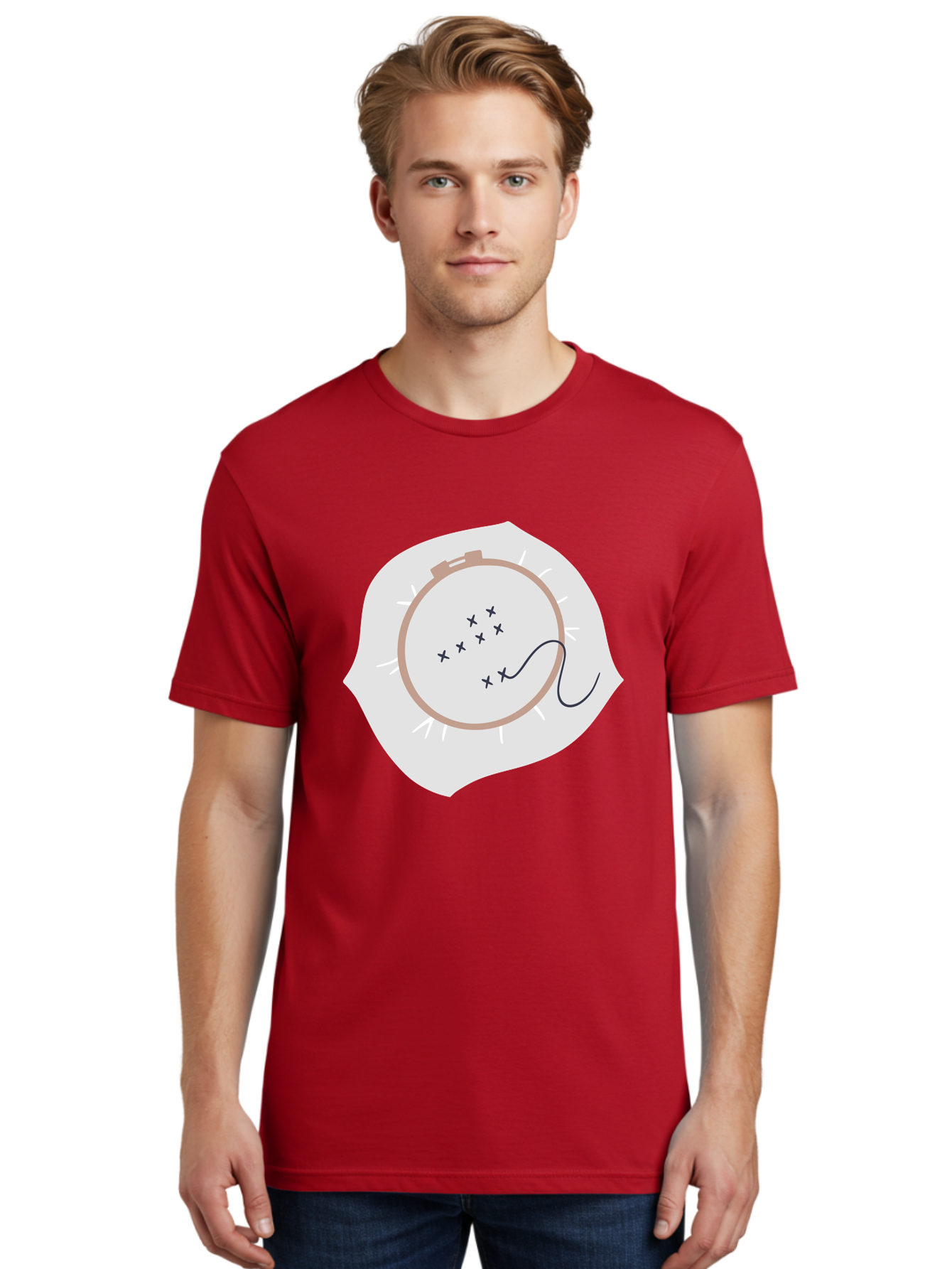Embroidery-Hoop Men'S Graphic Tee, 100% Cotton, Comfortable Casual Summer Wear, Machine Washable, Embroidery Hoop, Stitching, Needlework, Sewing, Crafting, Diy Project, Handmade, Cross-Stitch Pattern, Thread, Fabric Art Aac027