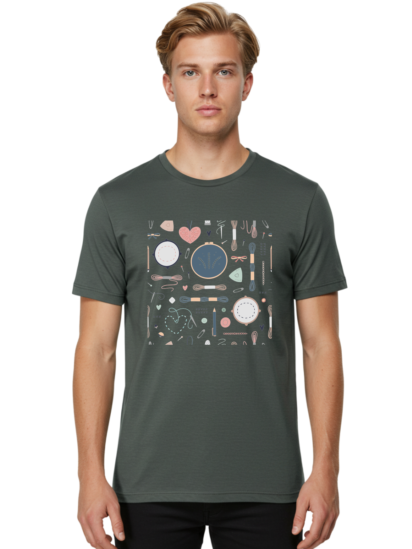 Embroidery-Hoops Men'S Graphic Tee, 100% Cotton, Comfortable Casual Summer Wear, Machine Washable, Sewing Accessories, Crafting Supplies, Thread, Needle, Scissors, Embroidery Hoops, Hearts, Pastel Colors, Stitching, Diy, Handmade, Crafting, Aac028