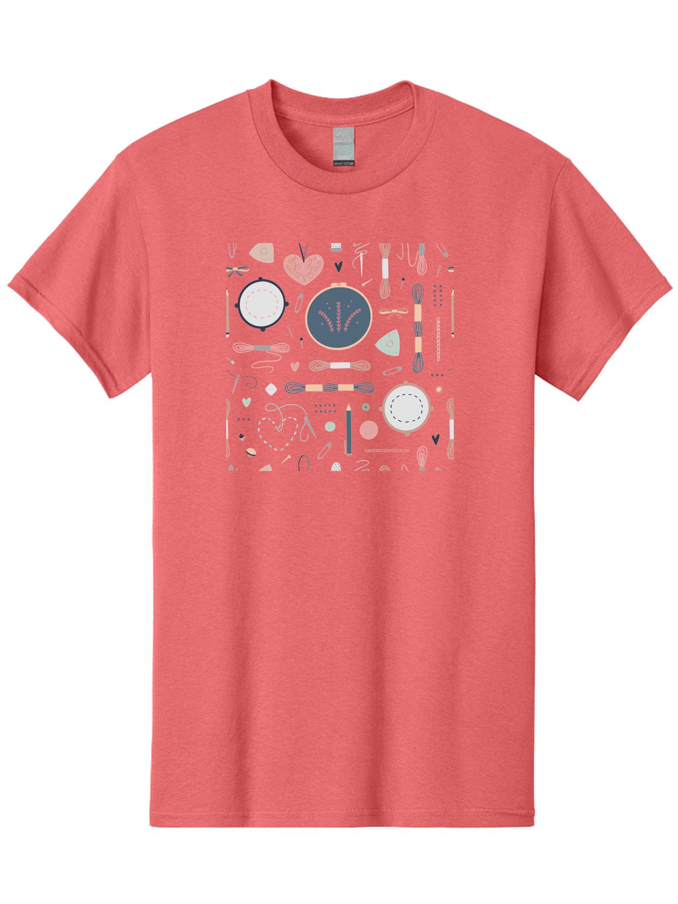 Embroidery-Hoops Men'S Graphic Tee, 100% Cotton, Comfortable Casual Summer Wear, Machine Washable, Sewing Accessories, Crafting Supplies, Thread, Needle, Scissors, Embroidery Hoops, Hearts, Pastel Colors, Stitching, Diy, Handmade, Crafting, Aac028