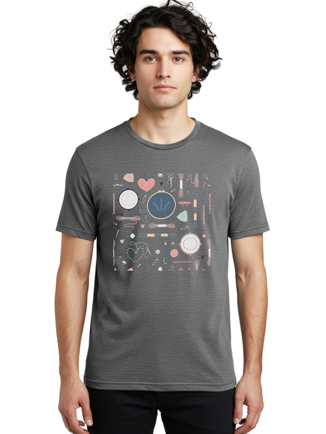 Embroidery-Hoops Men'S Graphic Tee, 100% Cotton, Comfortable Casual Summer Wear, Machine Washable, Sewing Accessories, Crafting Supplies, Thread, Needle, Scissors, Embroidery Hoops, Hearts, Pastel Colors, Stitching, Diy, Handmade, Crafting, Aac028