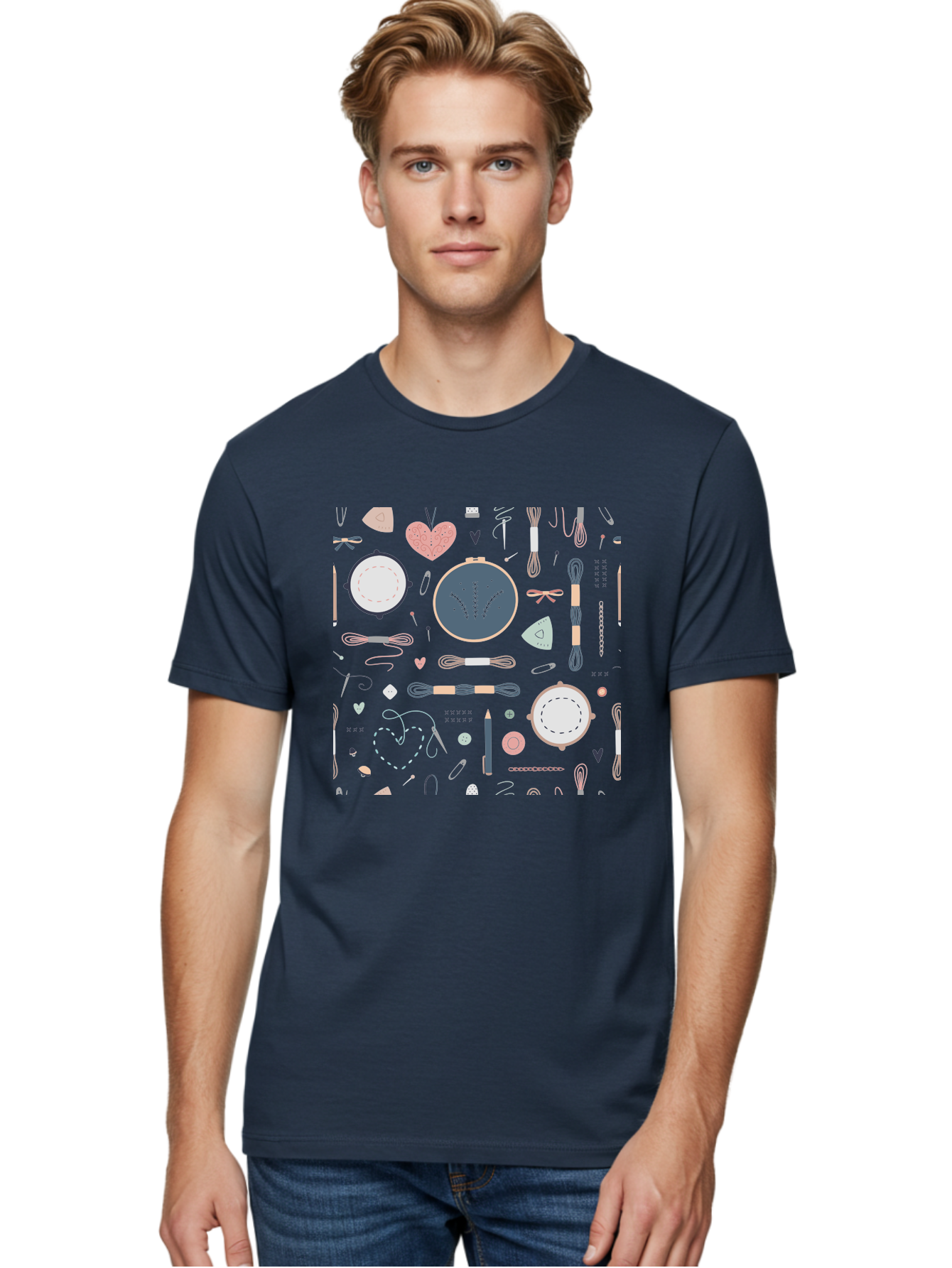 Embroidery-Hoops Men'S Graphic Tee, 100% Cotton, Comfortable Casual Summer Wear, Machine Washable, Sewing Accessories, Crafting Supplies, Thread, Needle, Scissors, Embroidery Hoops, Hearts, Pastel Colors, Stitching, Diy, Handmade, Crafting, Aac028