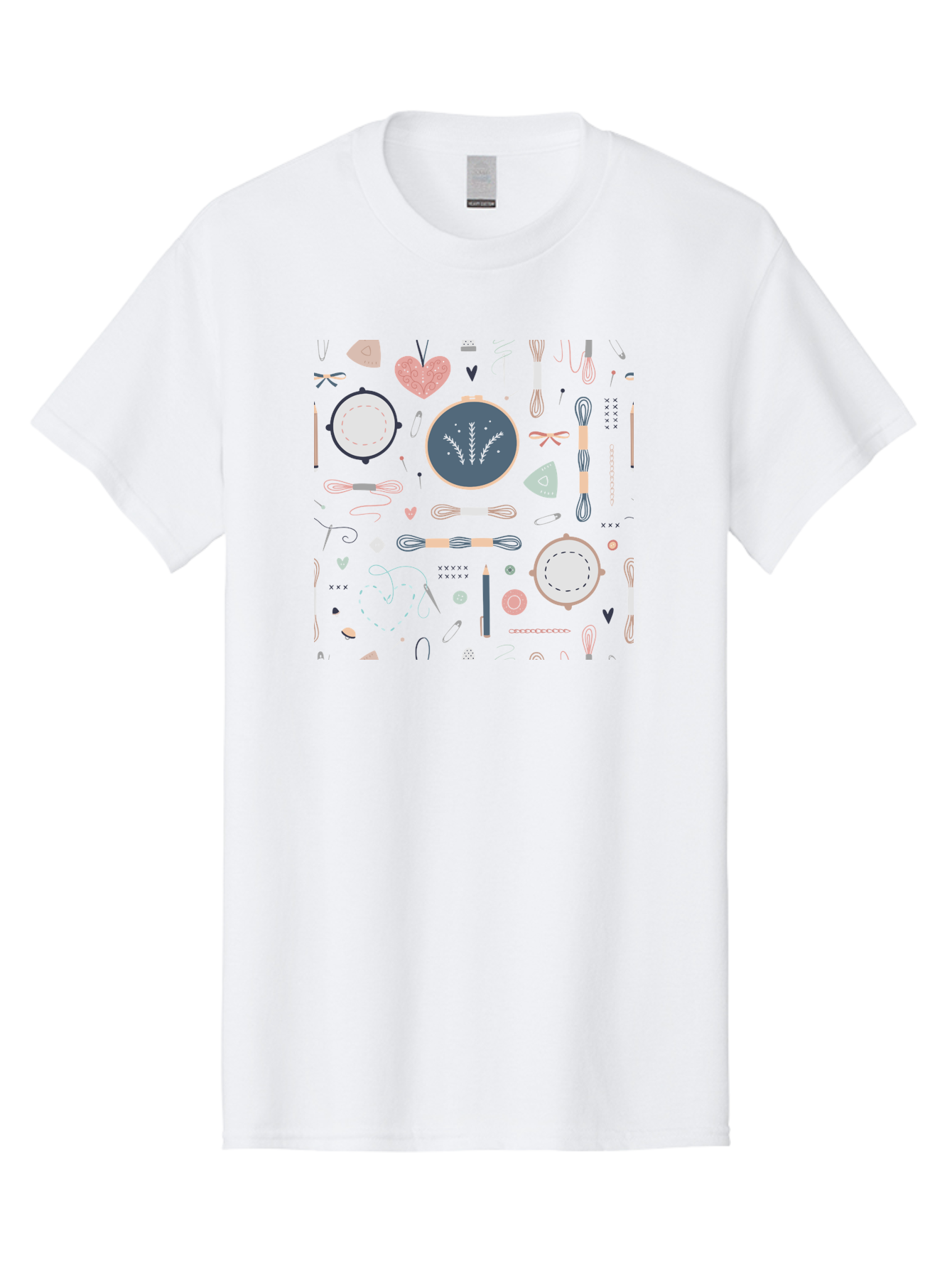 Embroidery-Hoops Men'S Graphic Tee, 100% Cotton, Comfortable Casual Summer Wear, Machine Washable, Sewing Accessories, Crafting Supplies, Thread, Needle, Scissors, Embroidery Hoops, Hearts, Pastel Colors, Stitching, Diy, Handmade, Crafting, Aac028