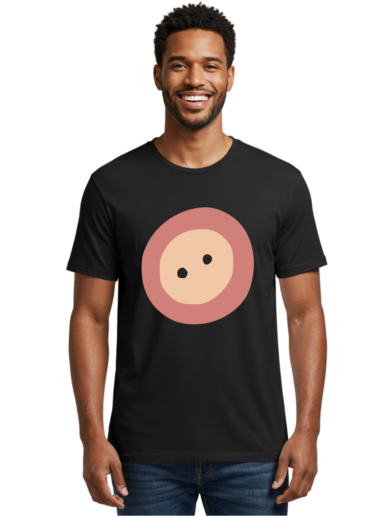 Face-With-Green-Eyes Men'S Graphic Tee, 100% Cotton, Comfortable Casual Summer Wear, Machine Washable, Simple Face, Green Eyes, Beige Skin, Pink Circle, Cartoon Character, Minimalist Design, Abstract Art, Digital Illustration Aac030