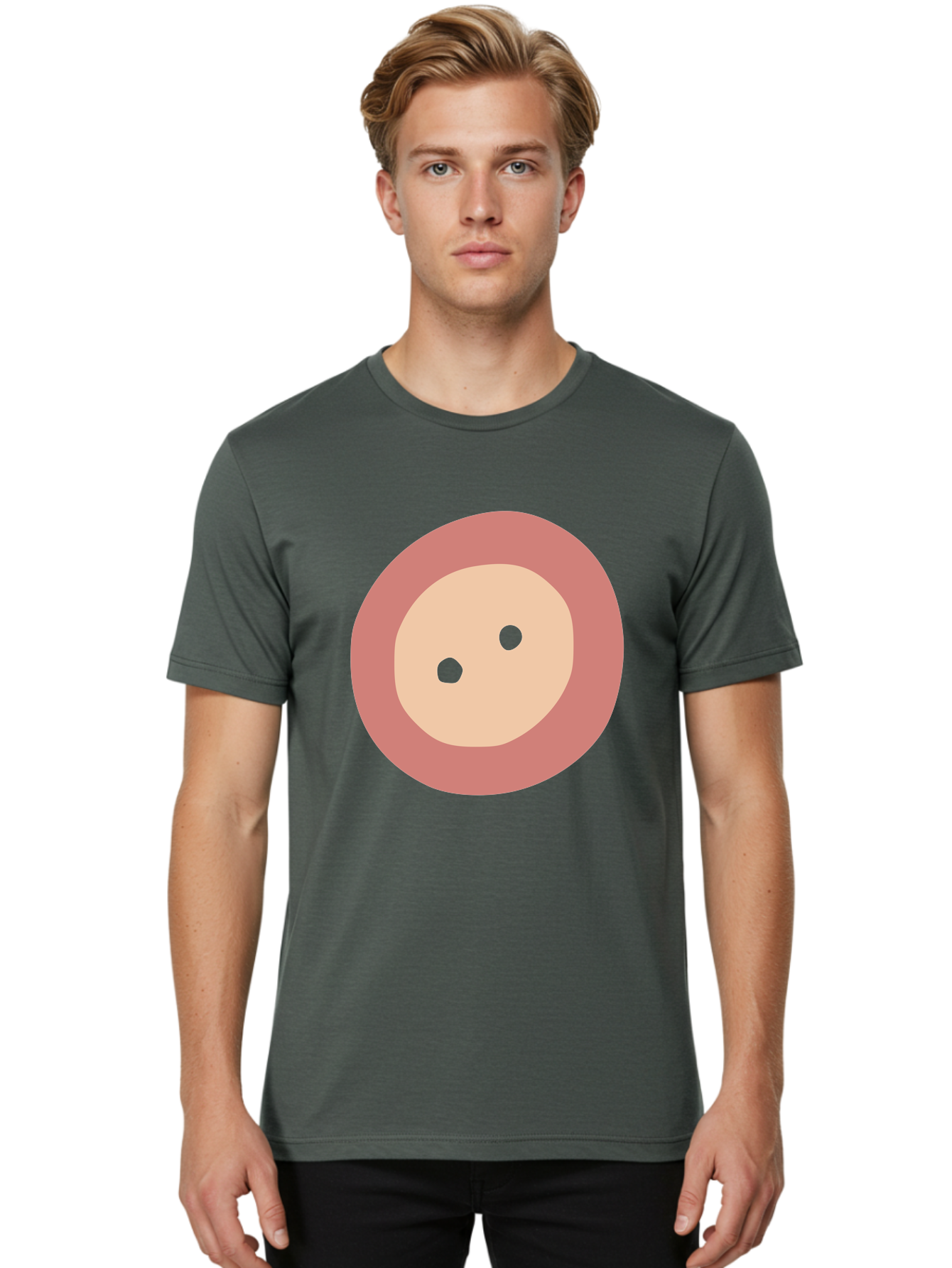 Face-With-Green-Eyes Men'S Graphic Tee, 100% Cotton, Comfortable Casual Summer Wear, Machine Washable, Simple Face, Green Eyes, Beige Skin, Pink Circle, Cartoon Character, Minimalist Design, Abstract Art, Digital Illustration Aac030