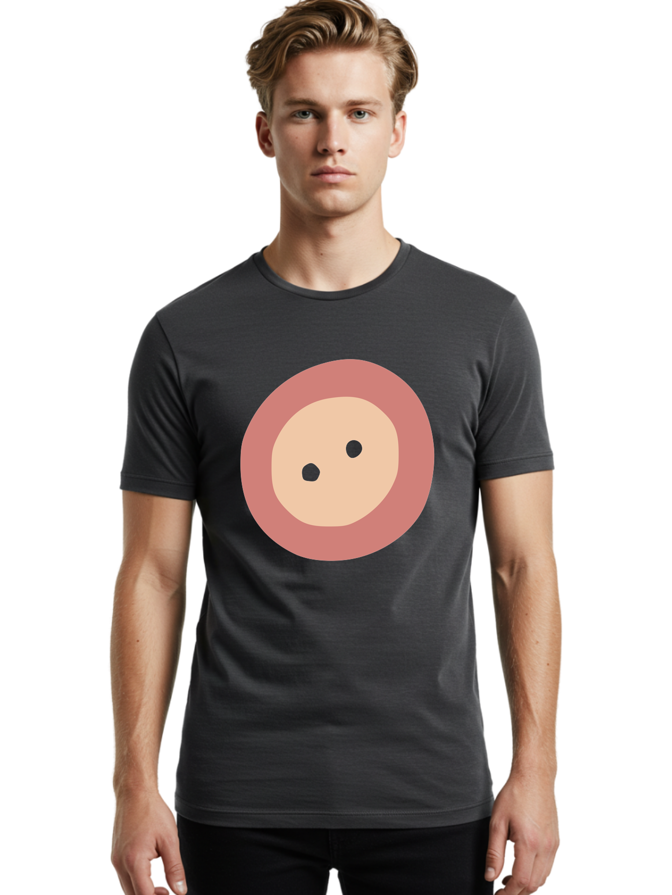 Face-With-Green-Eyes Men'S Graphic Tee, 100% Cotton, Comfortable Casual Summer Wear, Machine Washable, Simple Face, Green Eyes, Beige Skin, Pink Circle, Cartoon Character, Minimalist Design, Abstract Art, Digital Illustration Aac030