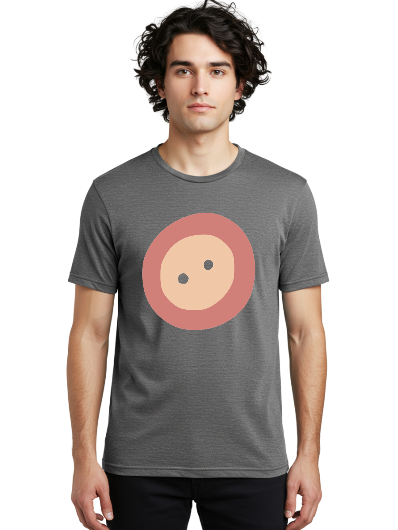 Face-With-Green-Eyes Men'S Graphic Tee, 100% Cotton, Comfortable Casual Summer Wear, Machine Washable, Simple Face, Green Eyes, Beige Skin, Pink Circle, Cartoon Character, Minimalist Design, Abstract Art, Digital Illustration Aac030