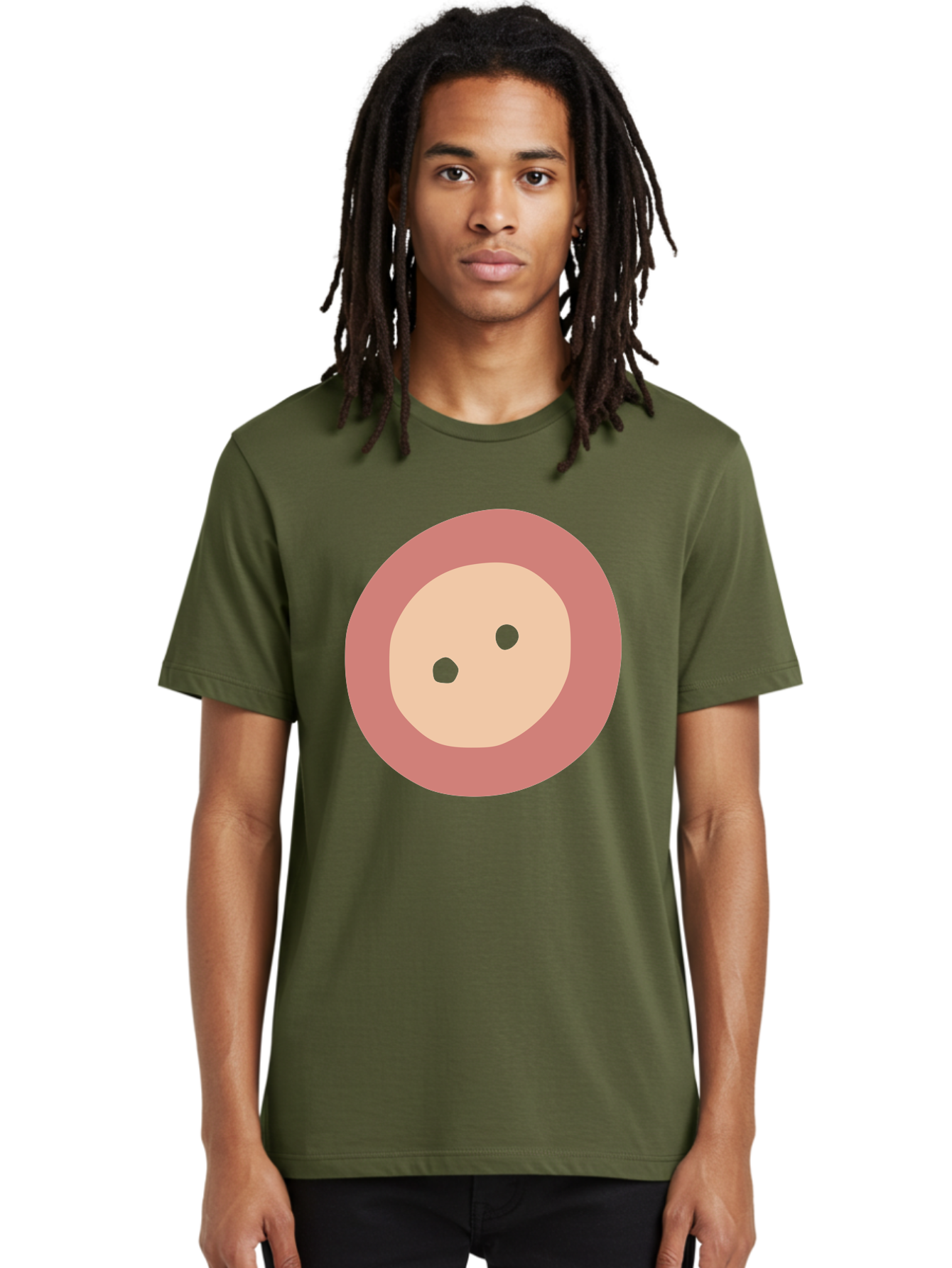 Face-With-Green-Eyes Men'S Graphic Tee, 100% Cotton, Comfortable Casual Summer Wear, Machine Washable, Simple Face, Green Eyes, Beige Skin, Pink Circle, Cartoon Character, Minimalist Design, Abstract Art, Digital Illustration Aac030